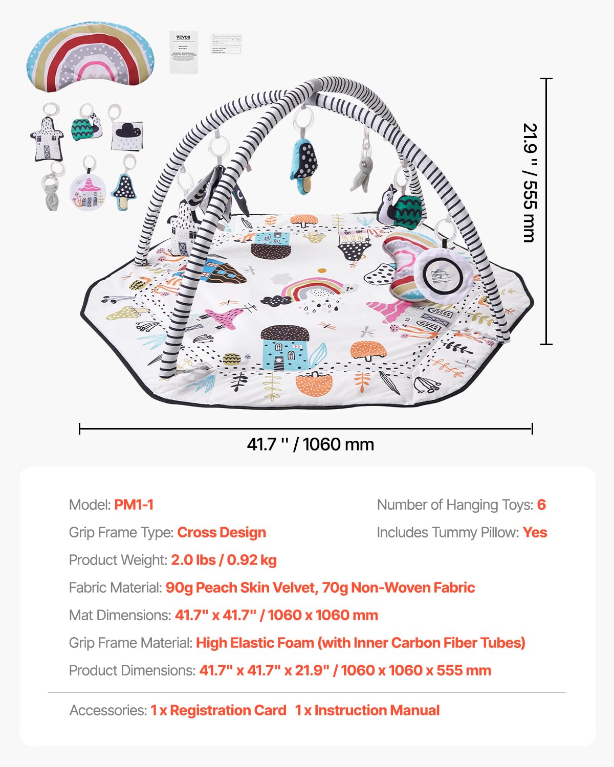 VEVOR Baby Play Gym Mat with 6 Detachable Sensory Toys, 41.7" x 41.7" Tummy Time Mat 17