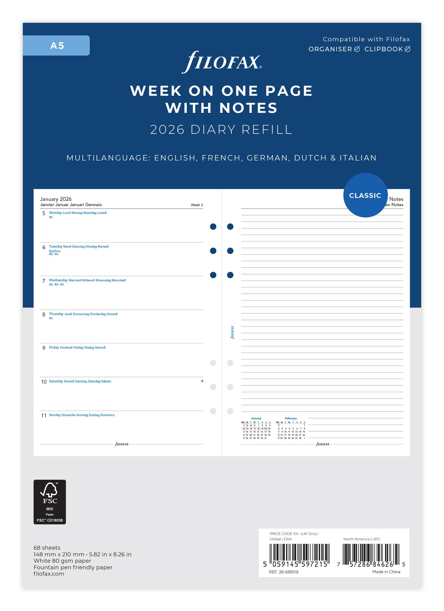 Filofax A5 2026 Diary Refill | Week on One Page with Notes | 5 Language | Model 26-68509