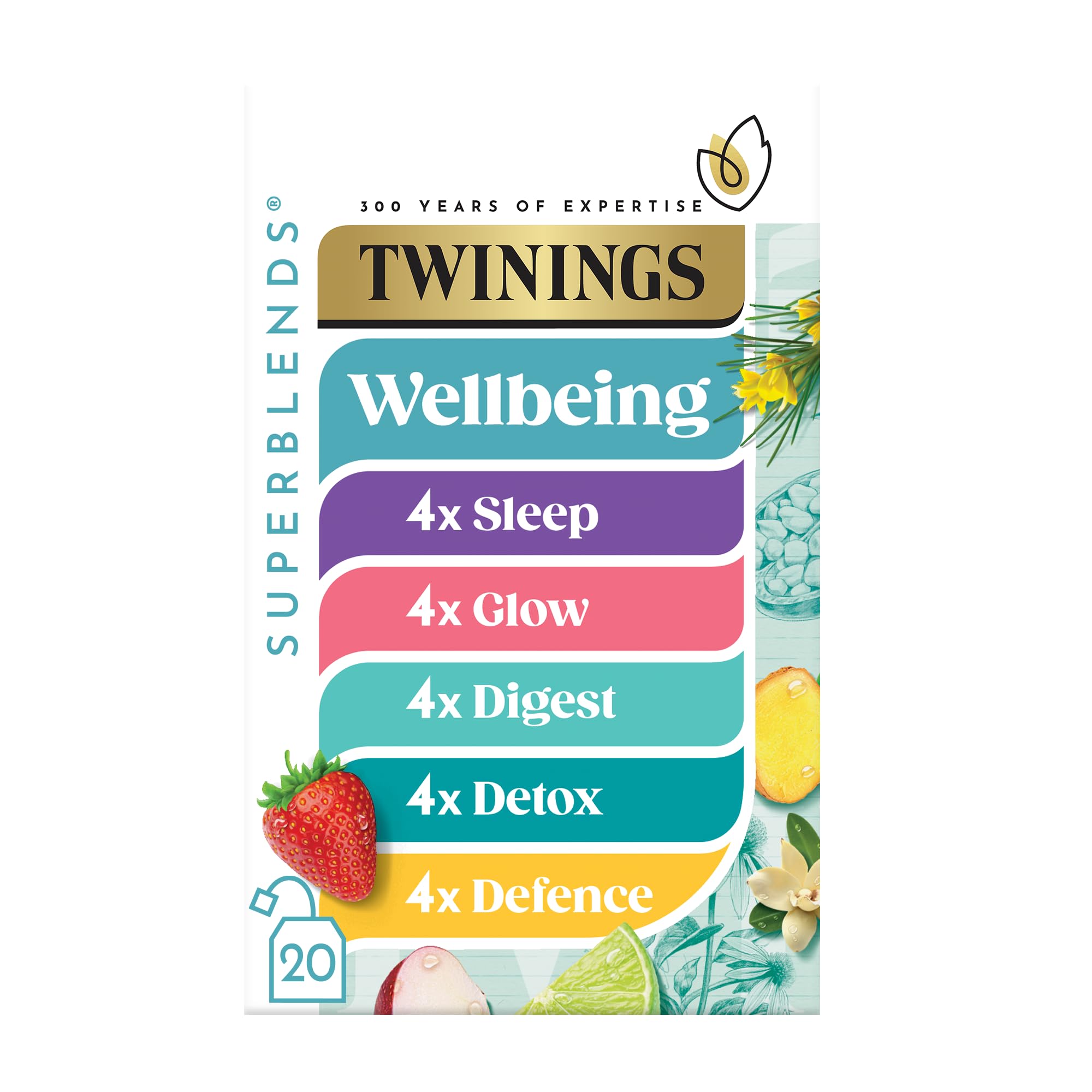 Twinings Superblends Wellbeing Collection - 20 Tea Bags (37g) with Digest, Defence, Sleep, Glow & Detox Blends