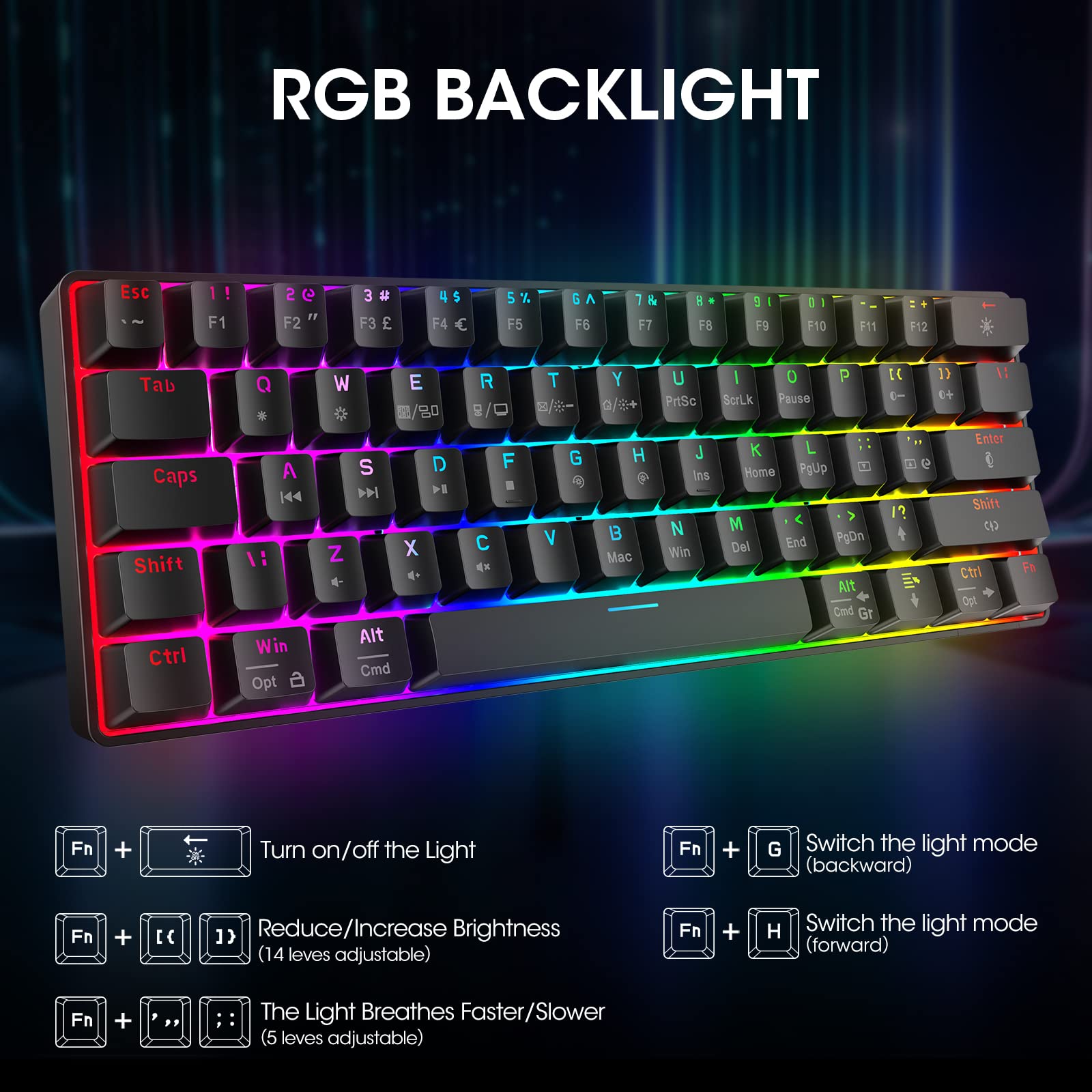 KOORUI MK061 60% Mechanical Gaming Keyboard - Red Switch, RGB Backlit, Hot-Swappable, Wired Compact Keyboard for PC & Mac 8