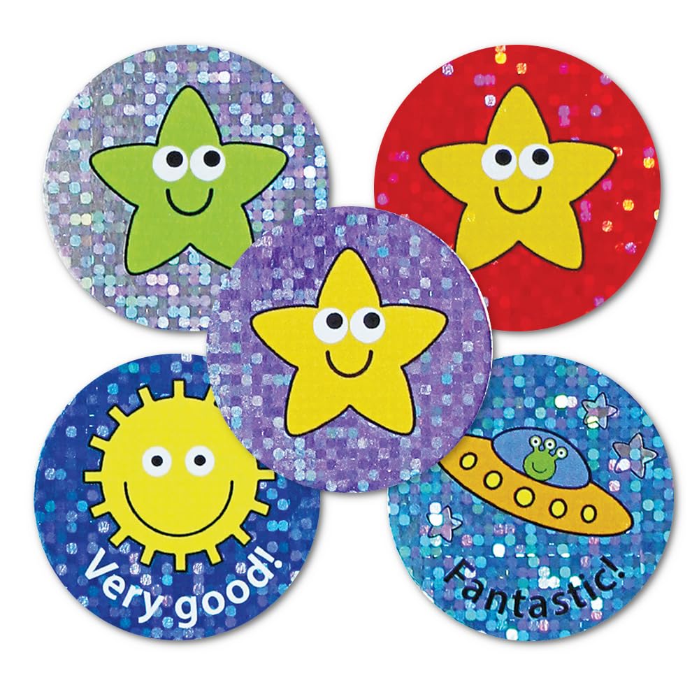 SuperStickers Sparkly Mixed Praise Stickers - 108 Pack, 28mm | Stars, Aliens, Fairies Theme