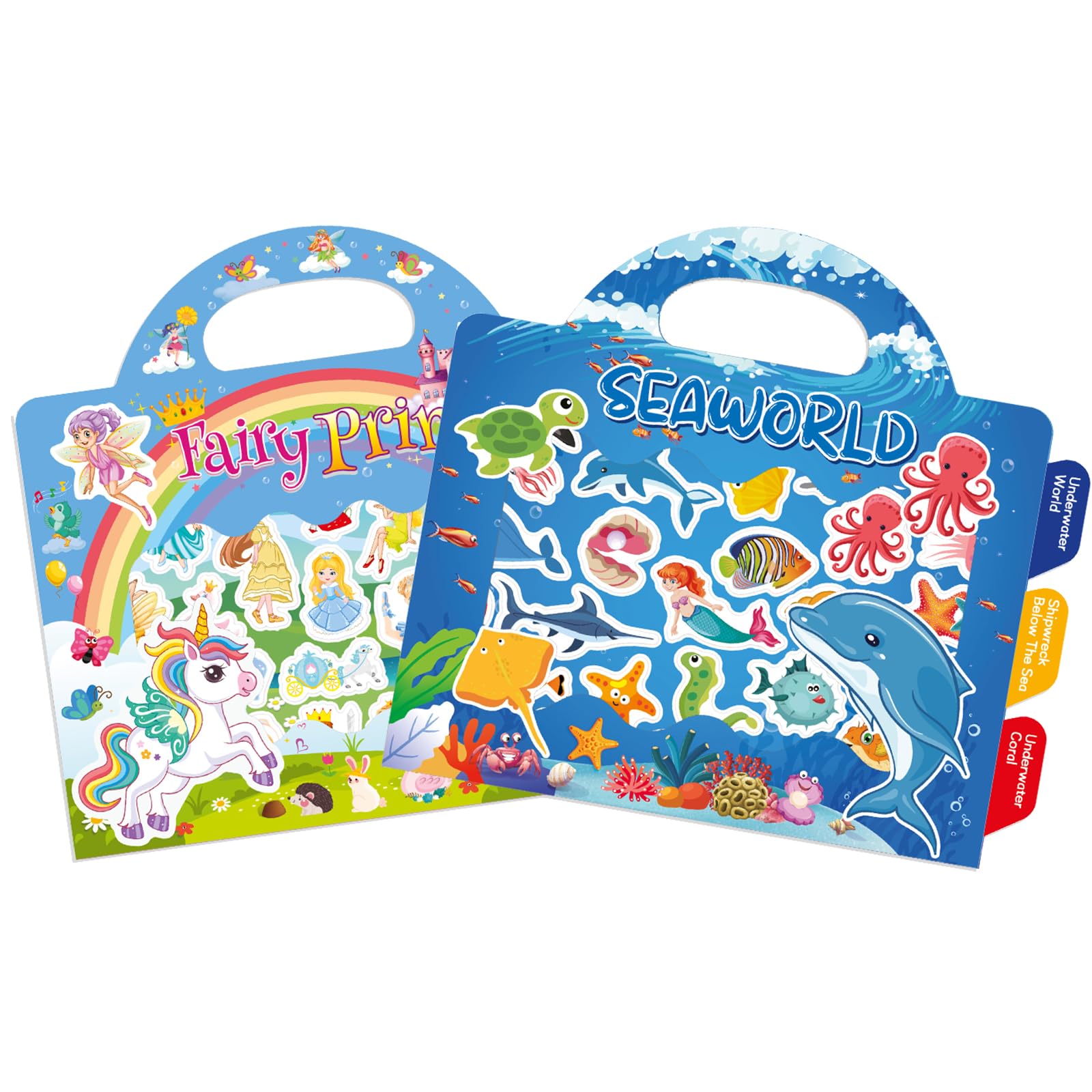 GUYUCOM 2 Pack Reusable Sticker Books for Toddlers - Educational Ocean & Fairy Princess Crafts for Kids Ages 2-4
