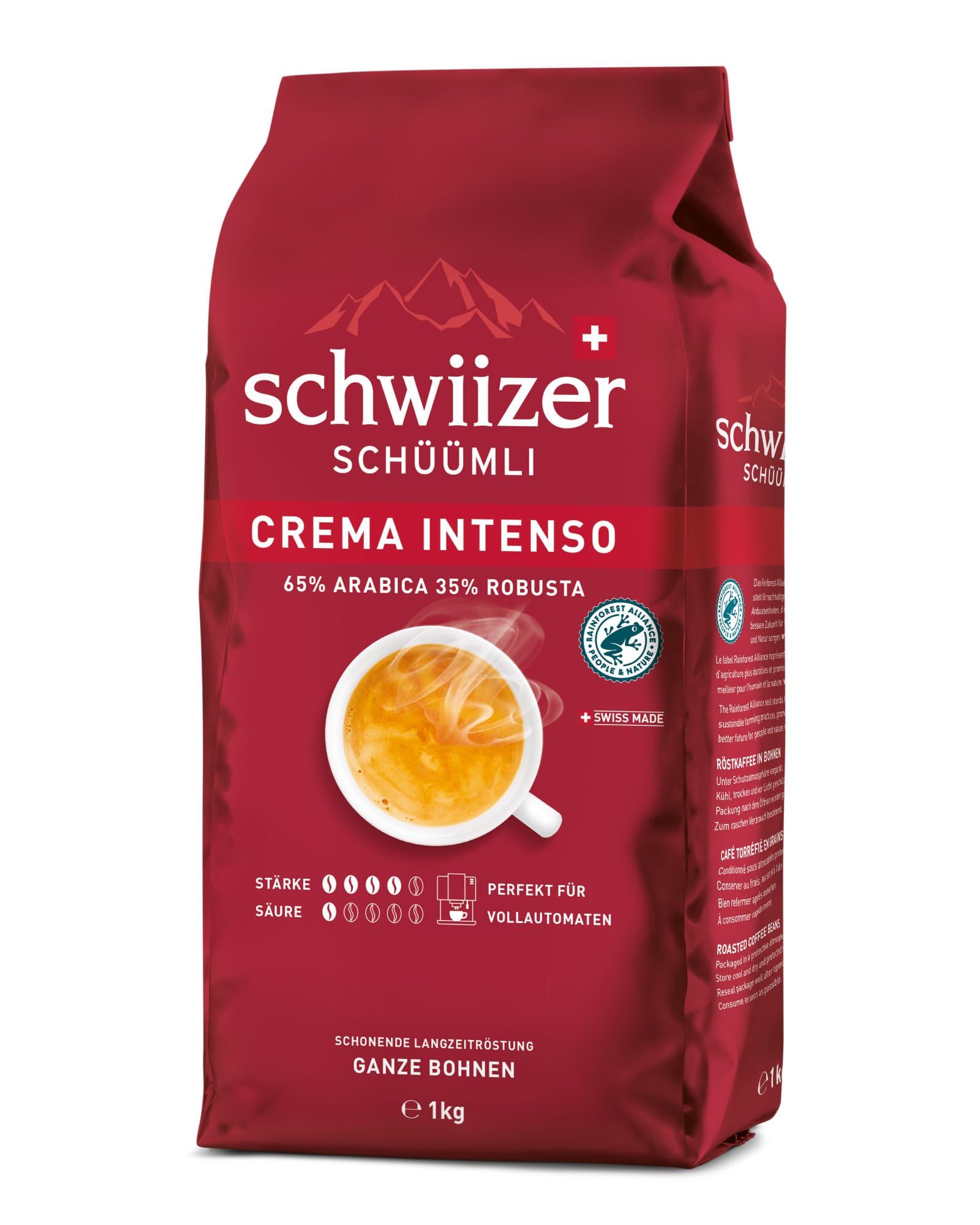Schwiizer Schüümli Espresso, 65% Arabica & 35% Robusta Coffee Beans, Intensity 4/5, Medium Roast, Rainforest Alliance Certified, 1kg