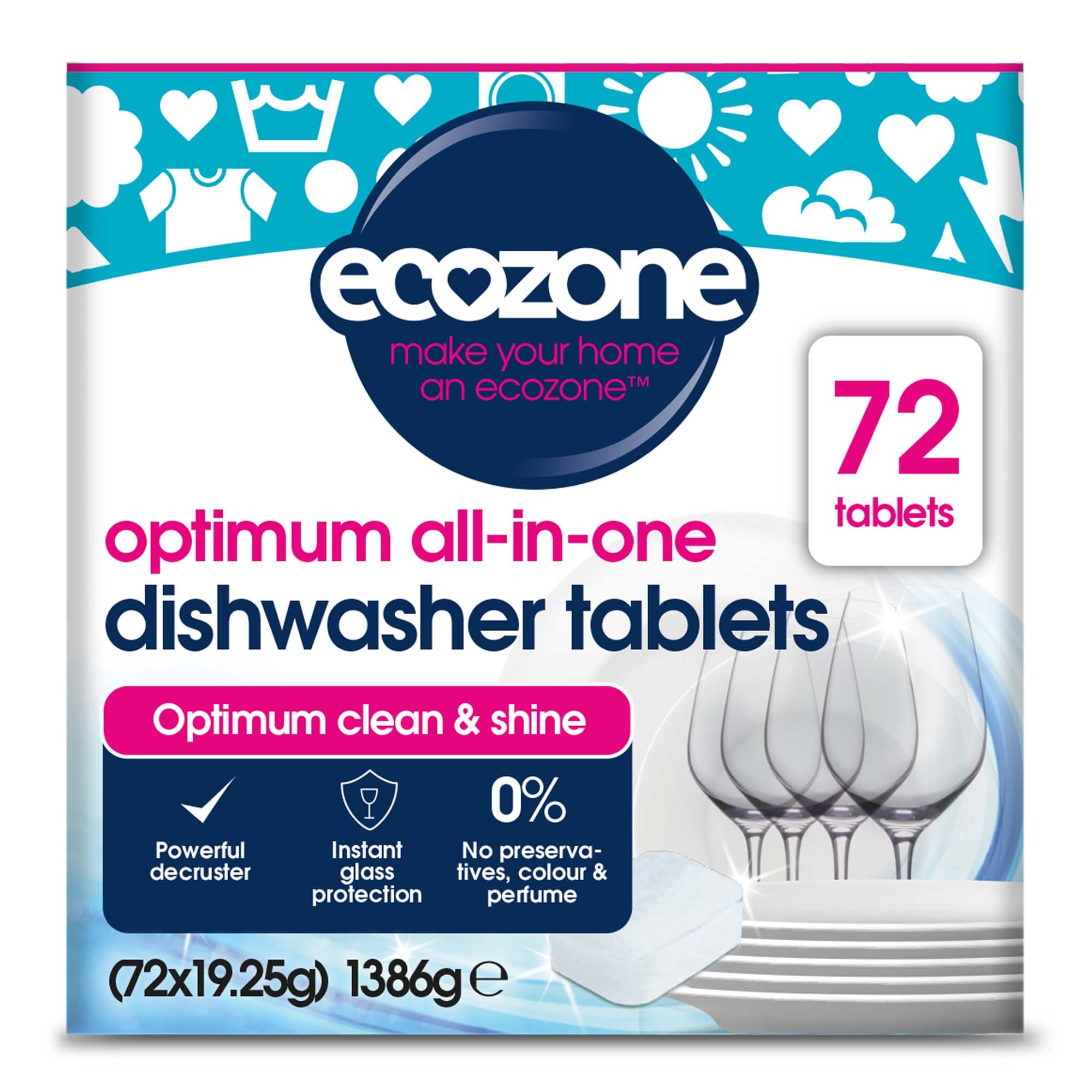 Ecozone Optimum All In One Dishwasher Tablets Bulk Buy x 72 - Unscented, Plant-Based Formula 1