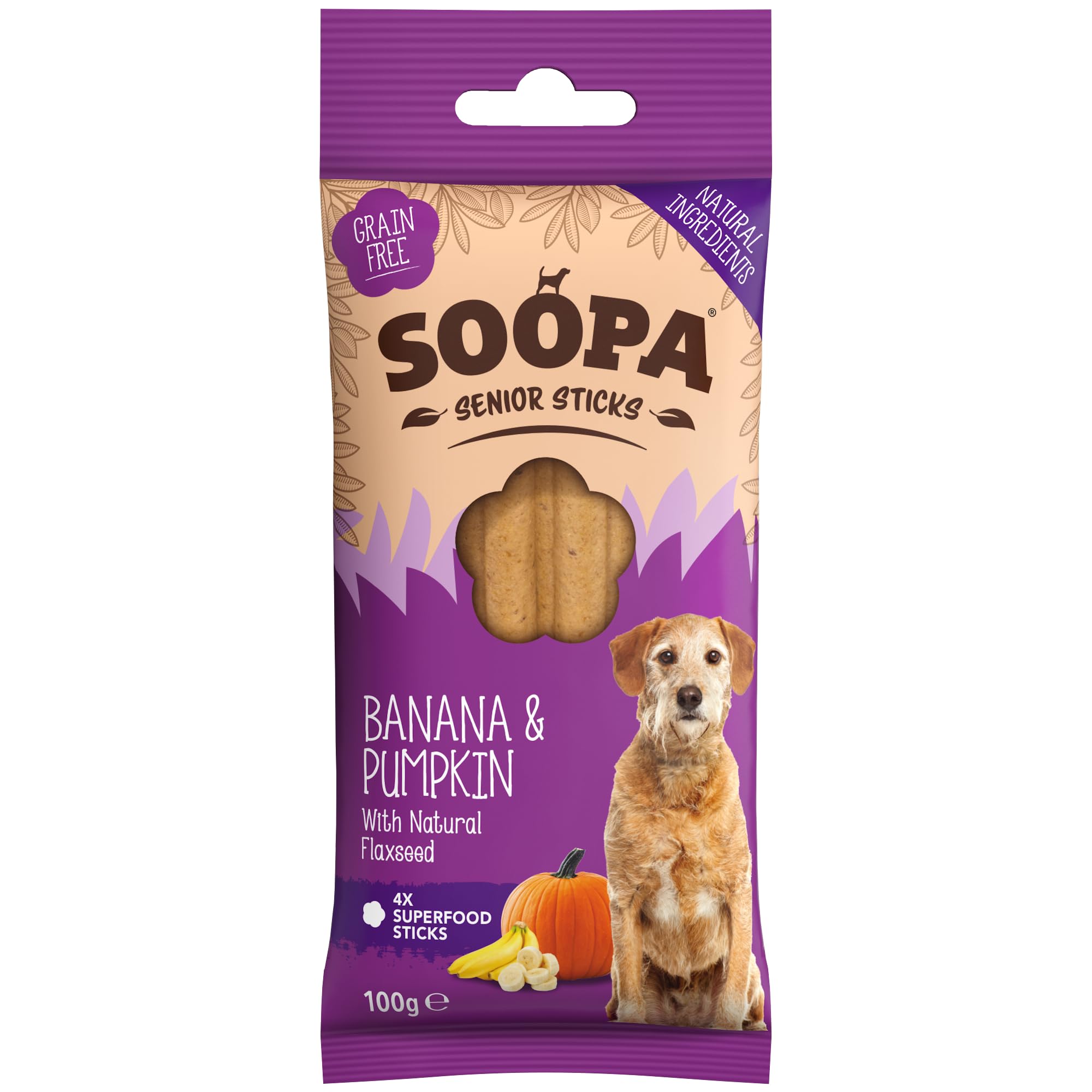 Soopa Senior Banana Pumpkin & Flaxseed Dental Sticks - 100g | Low Fat | Vegan