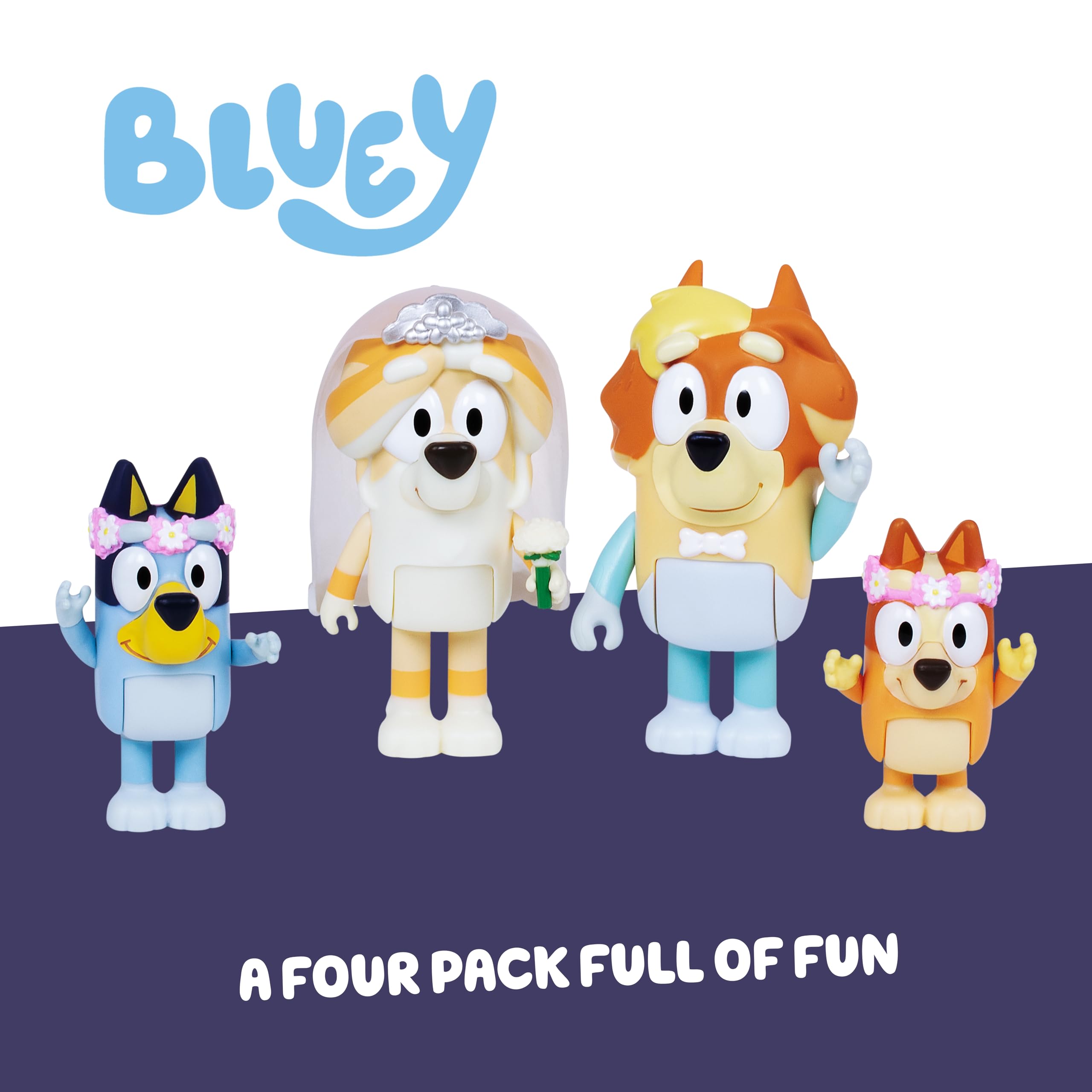 Bluey Figure 4-Pack Wedding Time | Includes Bluey, Bingo, Uncle Rad, Frisky | 3 Inches