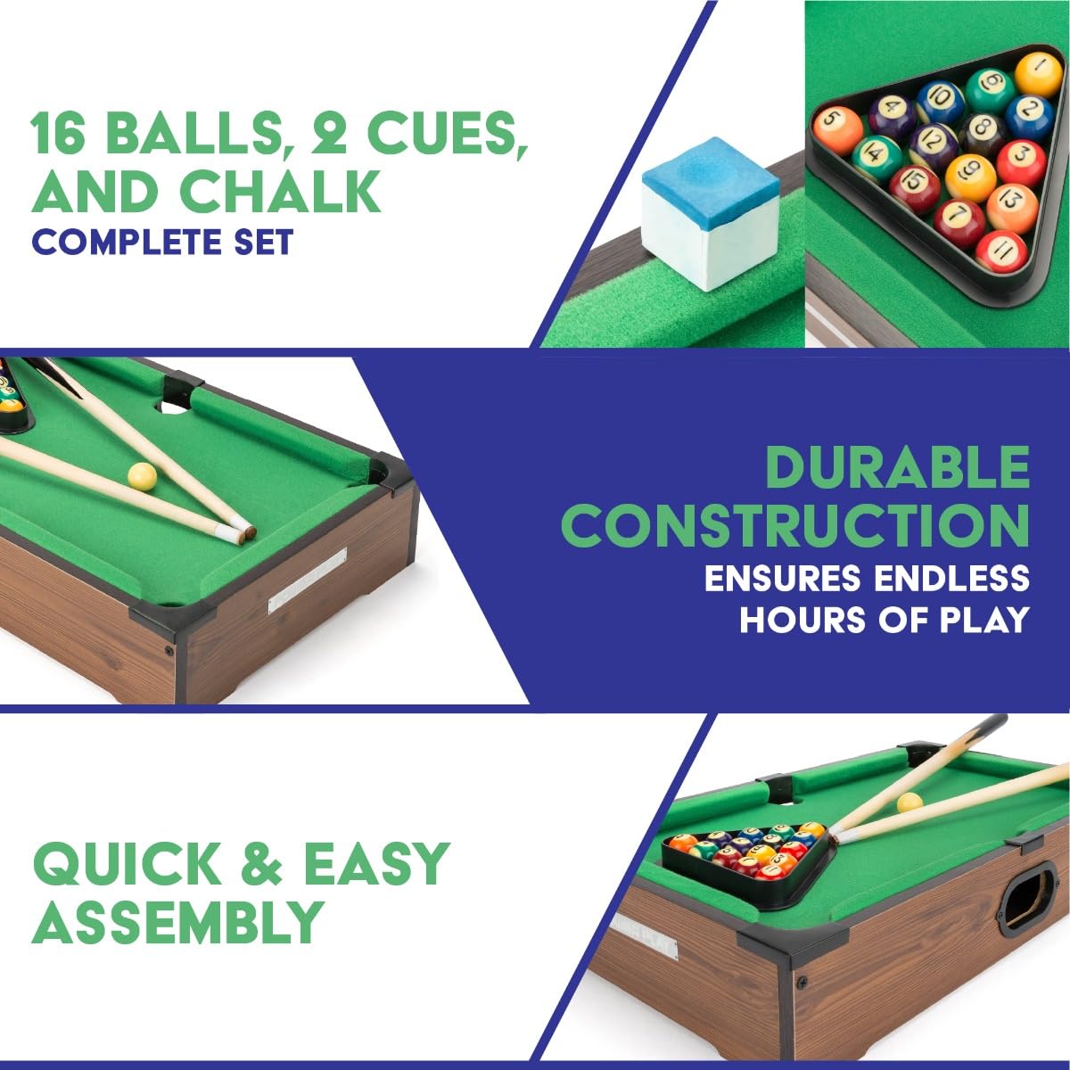 Power Play 20 Inch Table Top Pool Game | Wood Construction | Includes 2 Cues & 16 Balls 5