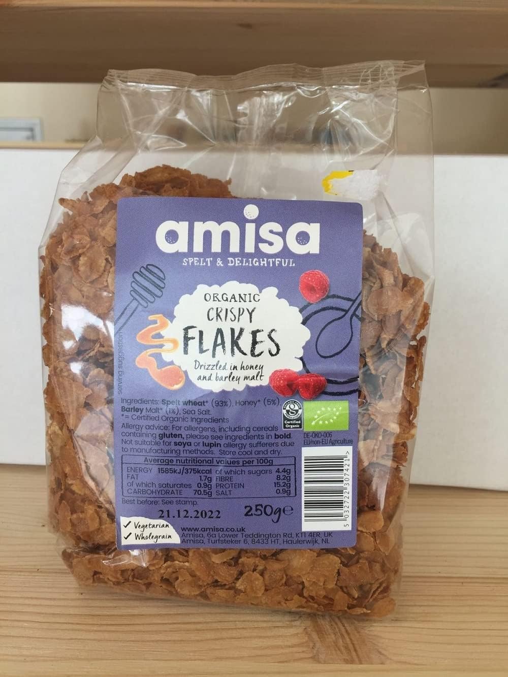 Amisa Organic Spelt Crispy Flakes 250g - High Fibre Breakfast Cereal with Honey & Barley Malt 3
