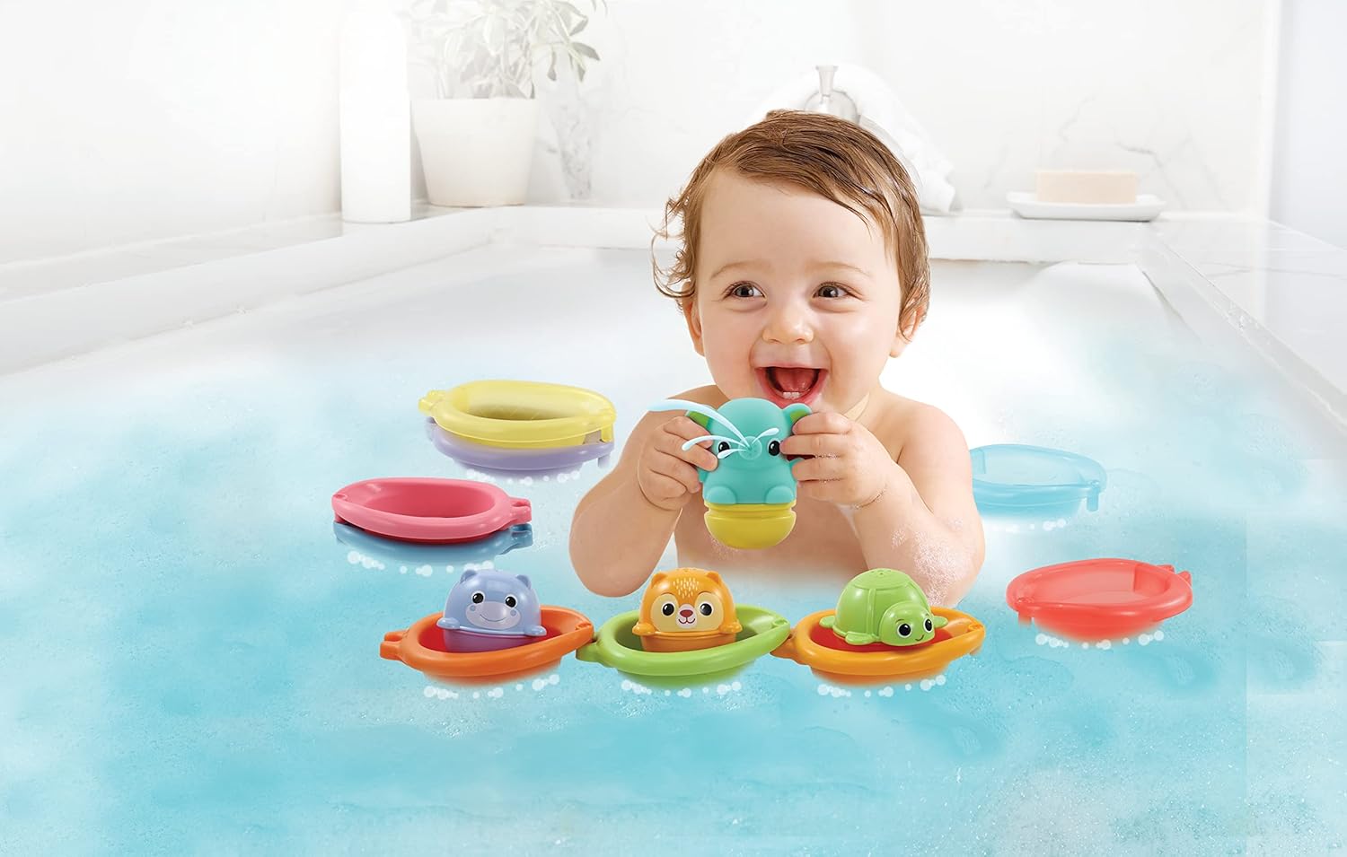 VTech Stack & Splash Bathtime Boats - Stacking & Linking Bath Toy with 9 Colors for Babies & Toddlers 3