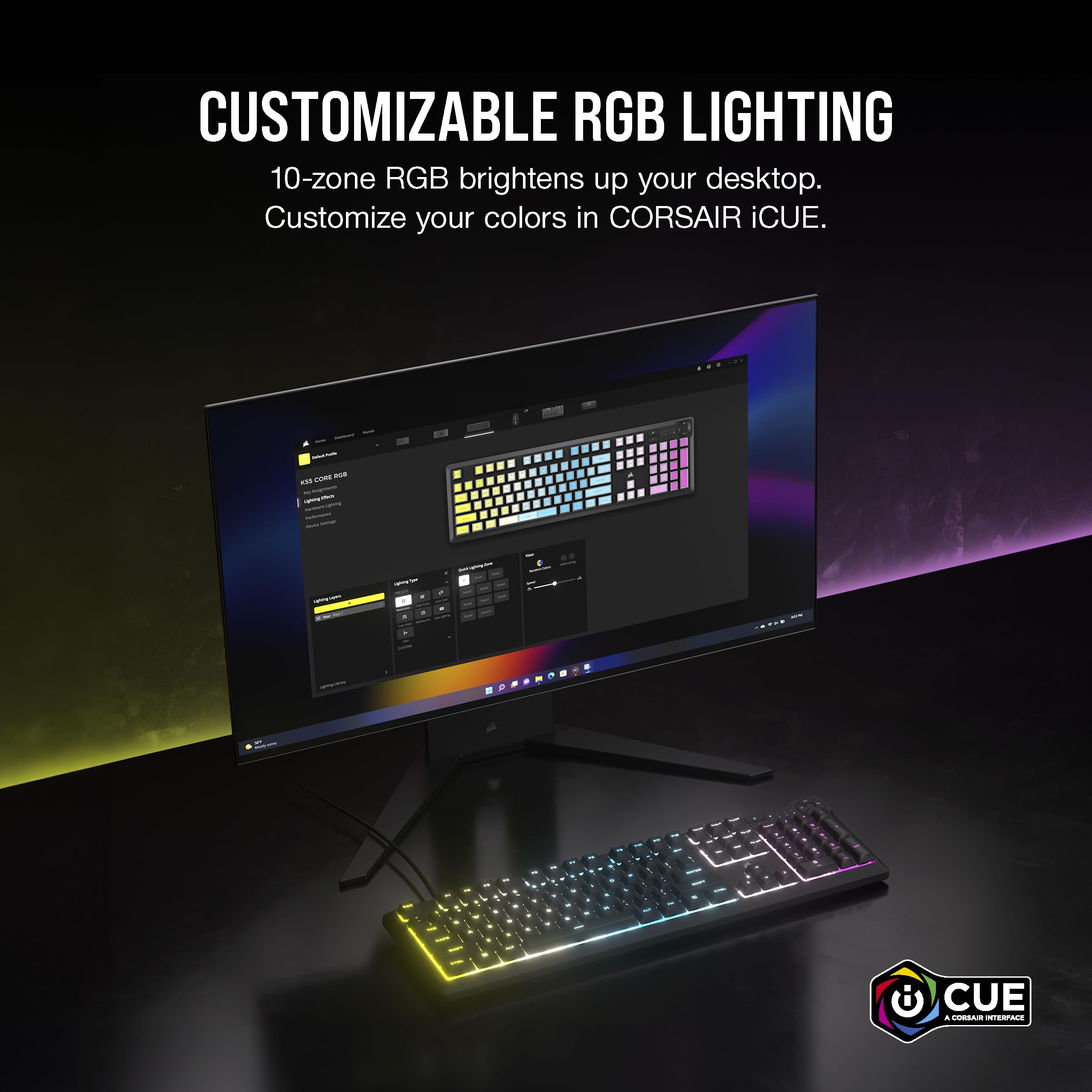 Corsair K55 CORE RGB Membrane Wired Gaming Keyboard – Quiet, Responsive Swi