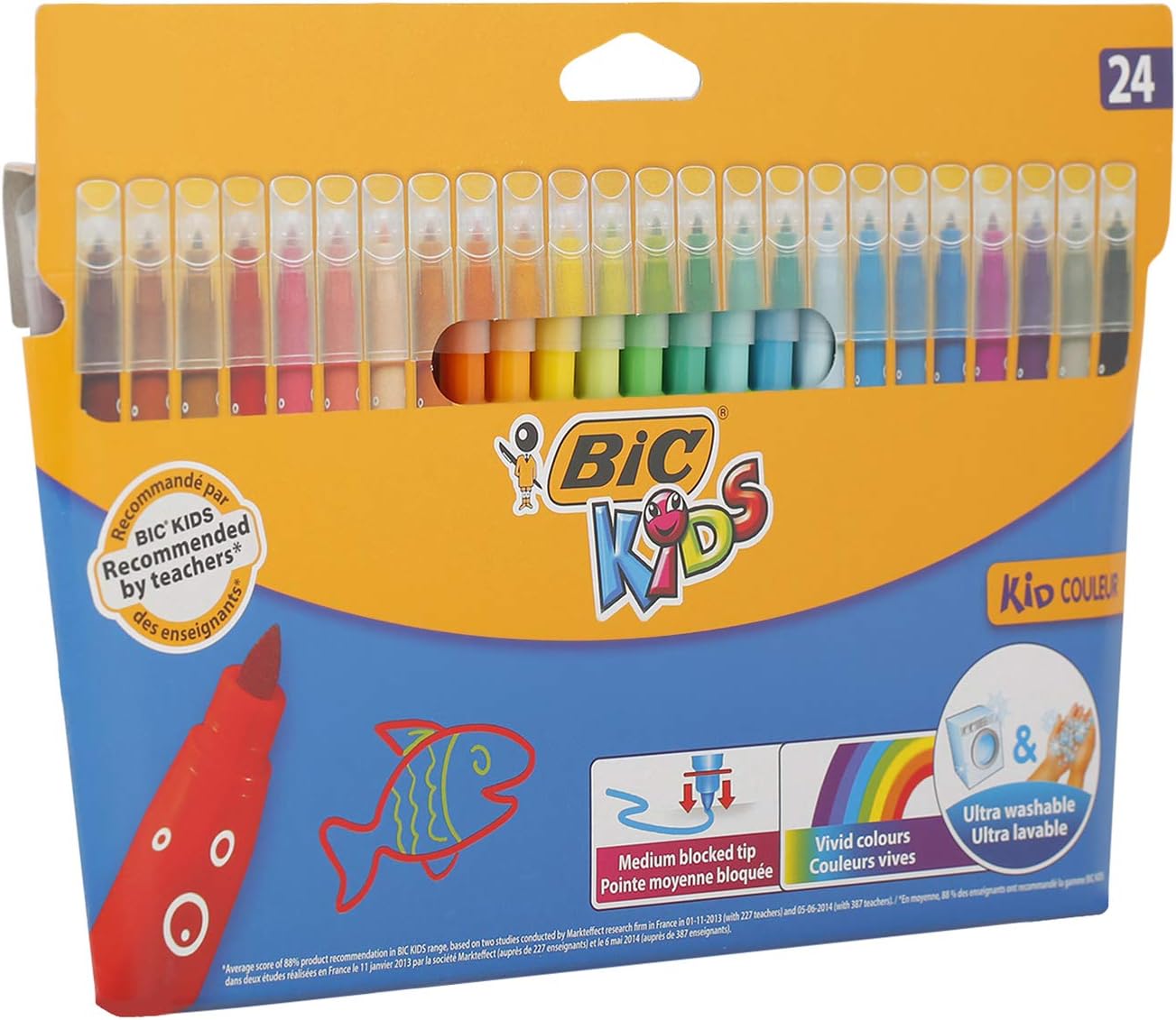 BIC Kids Kid Couleur Felt Tip Pens - 24 Assorted Colors, Washable, Medium Nib, Cardboard Wallet 6