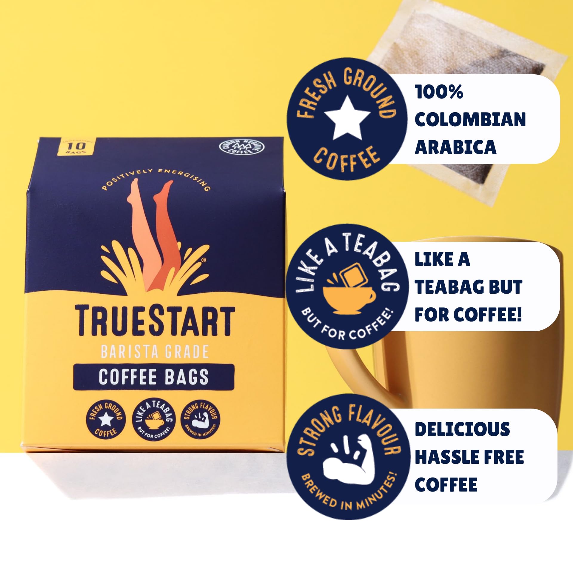 TRUESTART Coffee Bags - Smooth Energising Colombian Arabica | 30 Wrapped Bags | Mycotoxin-Free