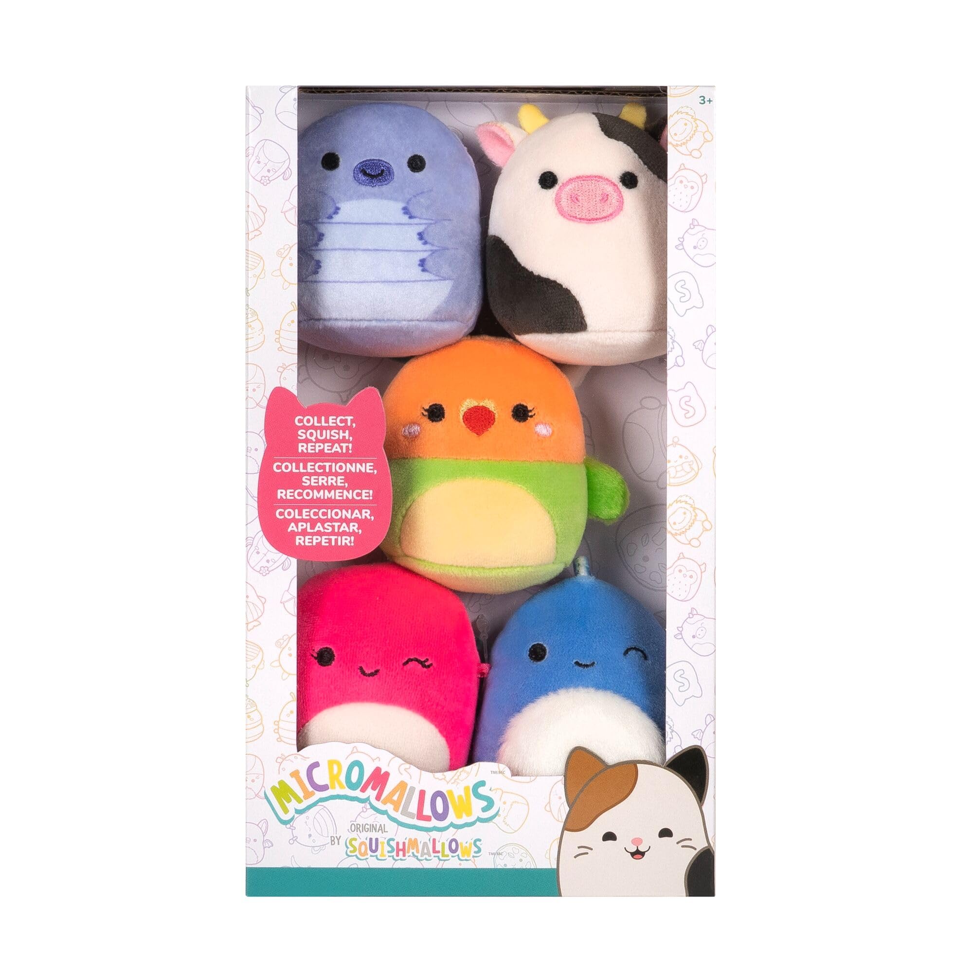 Squishmallows Original Micromallows Plush 5-Pack - Bear, Cow, Dinosaur, Love Bird, Octopus | 2.5 Inch