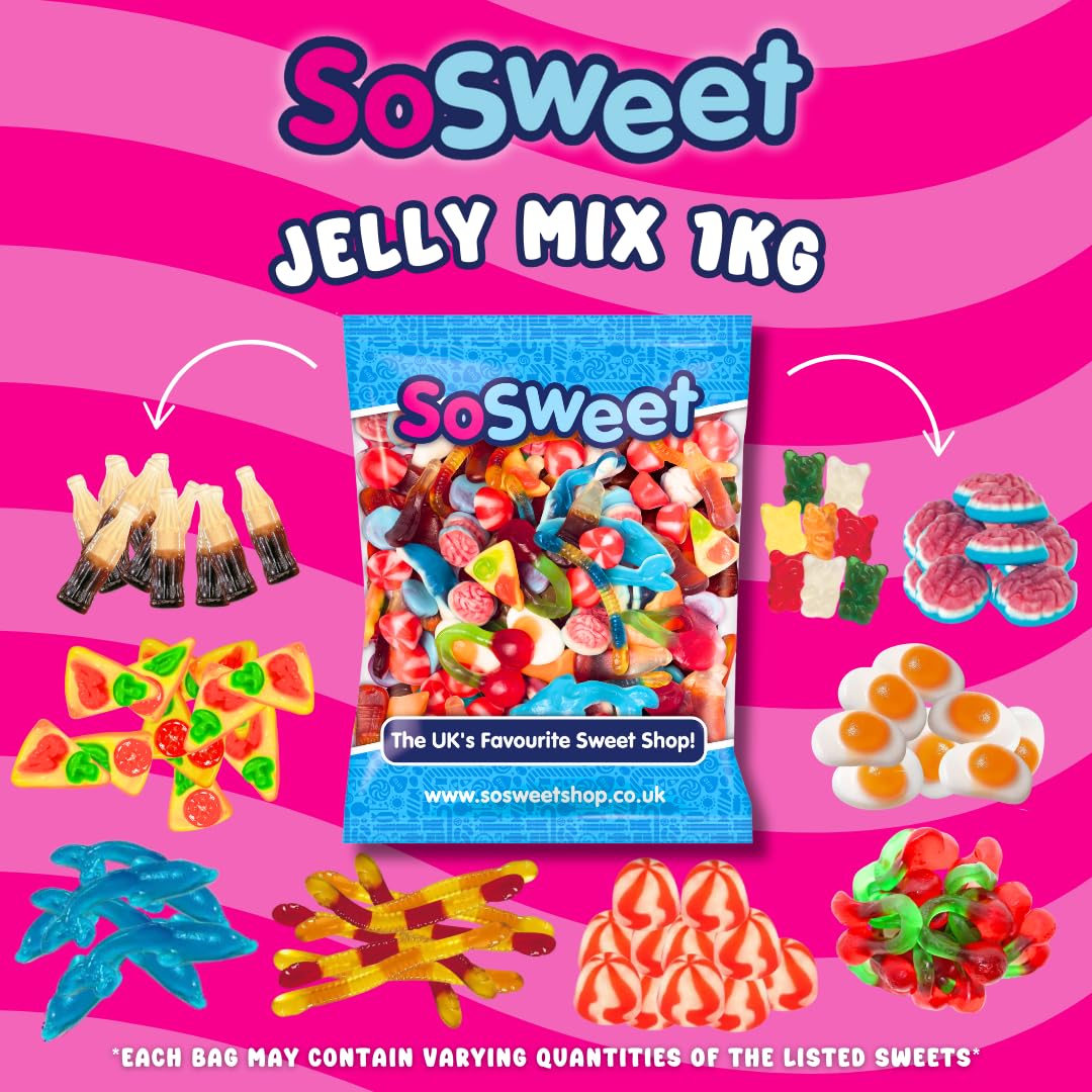 SoSweet Jelly Sweet Mix – 1-kg-Großpackung mit zähen Gelee-Süßigkeiten | Party-Pick &amp; Mix, Leckereien zum Teilen, Gummibärchen, Cola-Flaschen, Doppelkirschen 4