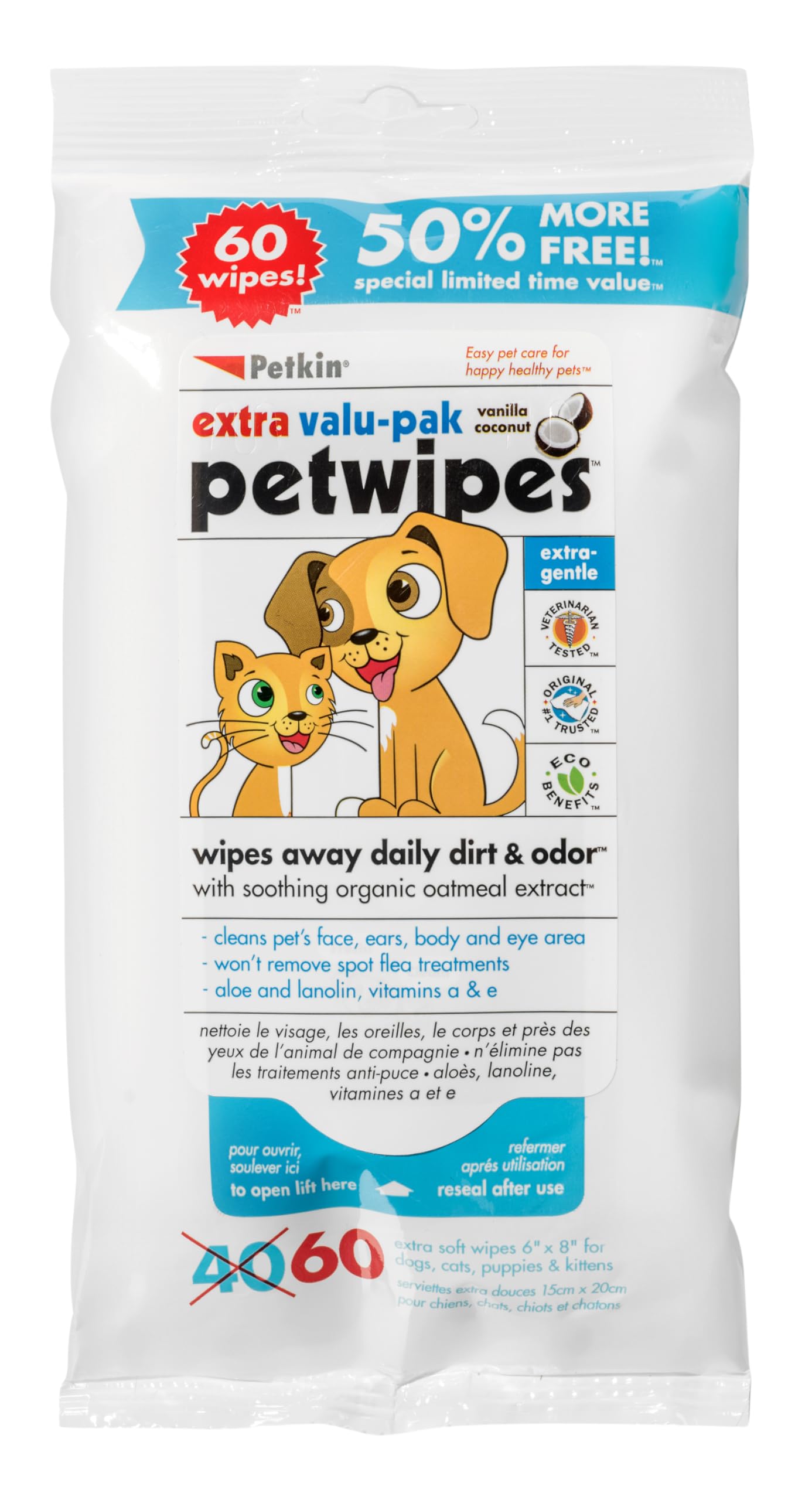 Petkin Eco Pet Wipes for Dogs and Cats - Gently Cleans Dirt & Odour | 60 Count