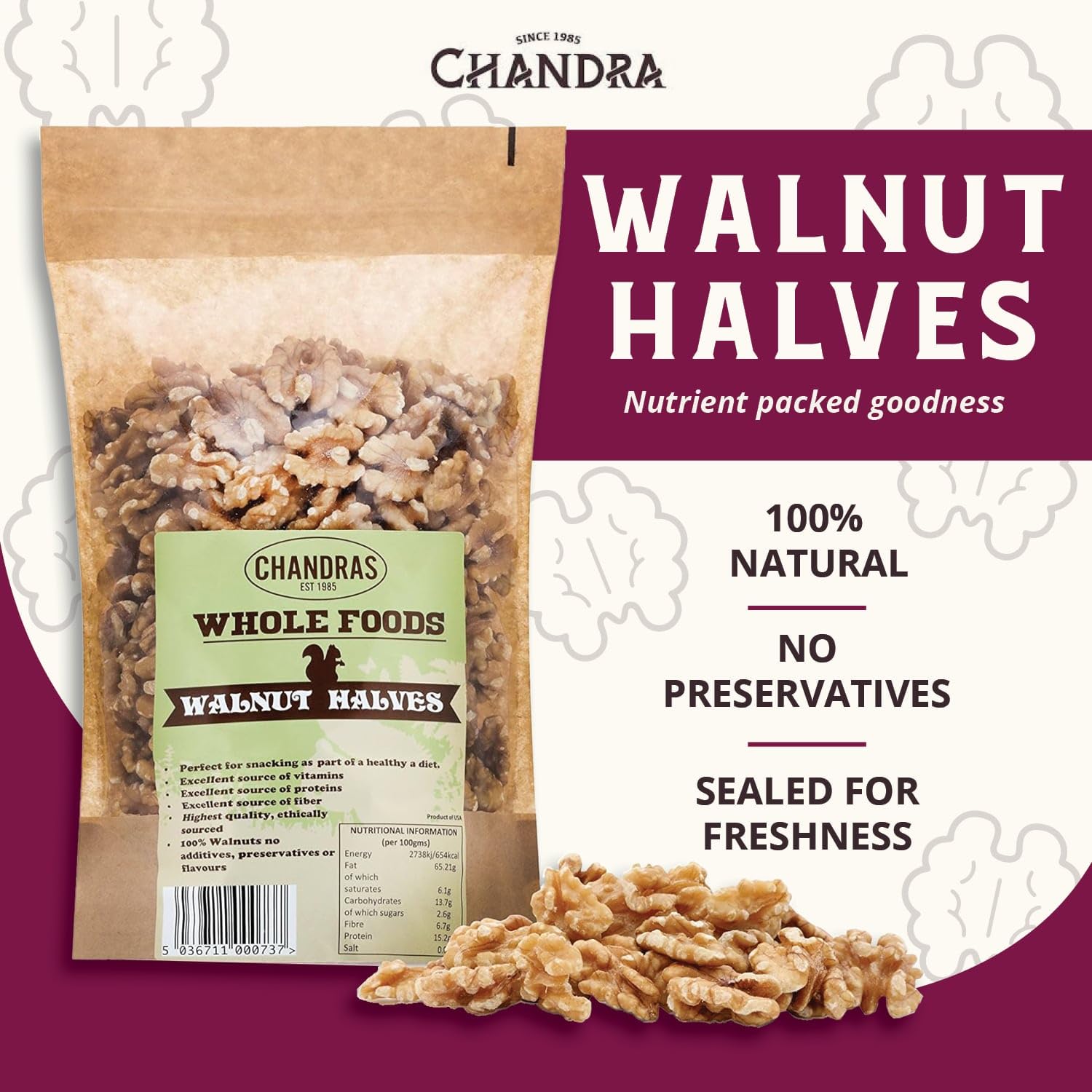 CHANDRA Whole Foods Walnut Halves - 1KG Resealable Bag | Keto & Paleo Friendly | Gluten-Free