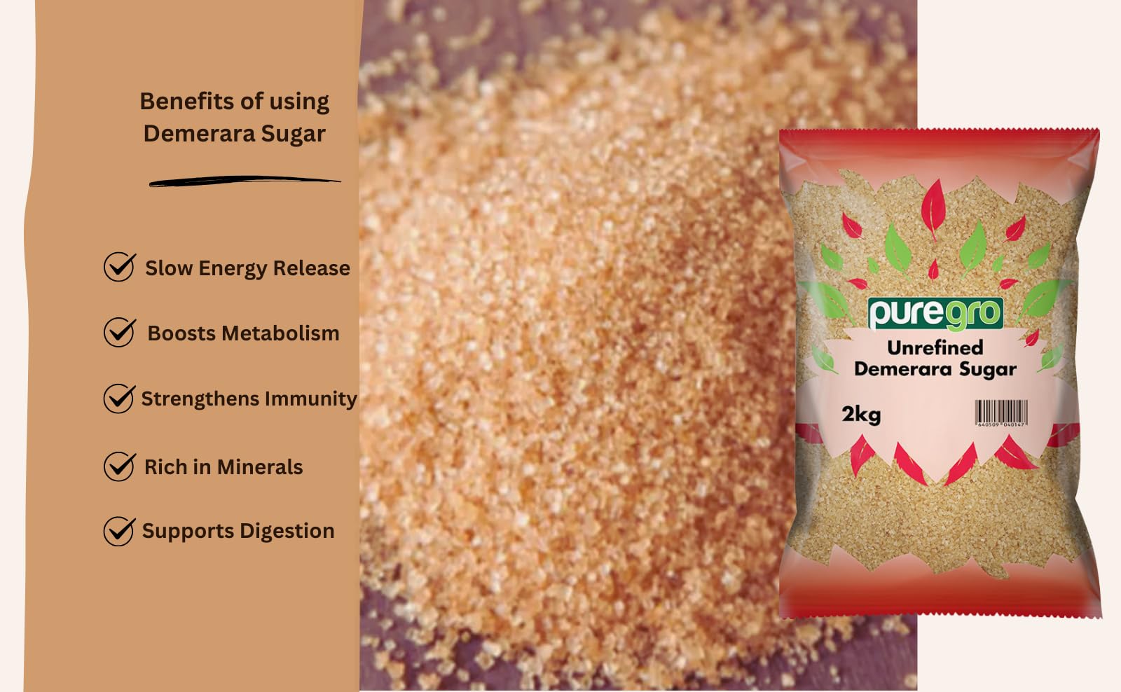 Puregro Demerara Sugar - Premium Golden Cane Sugar 2kg 7