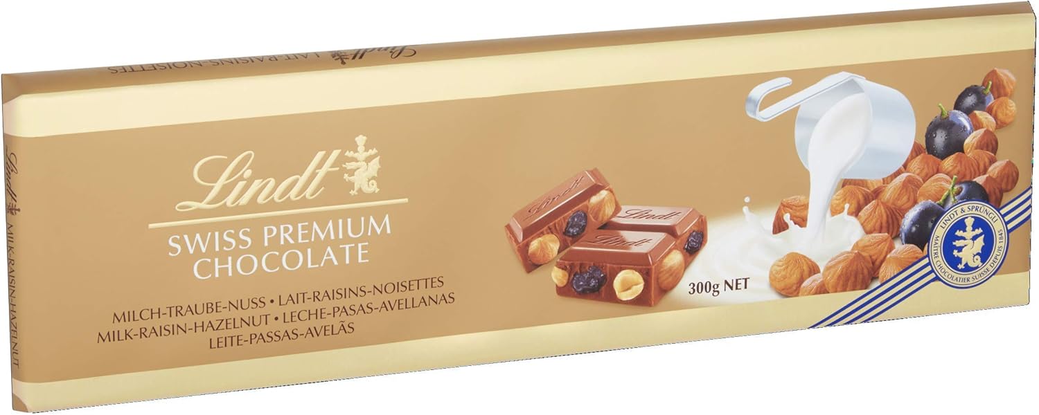 Lindt Schweizer Milchschokolade Haselnuss und Rosinen Goldtafel 300g 3