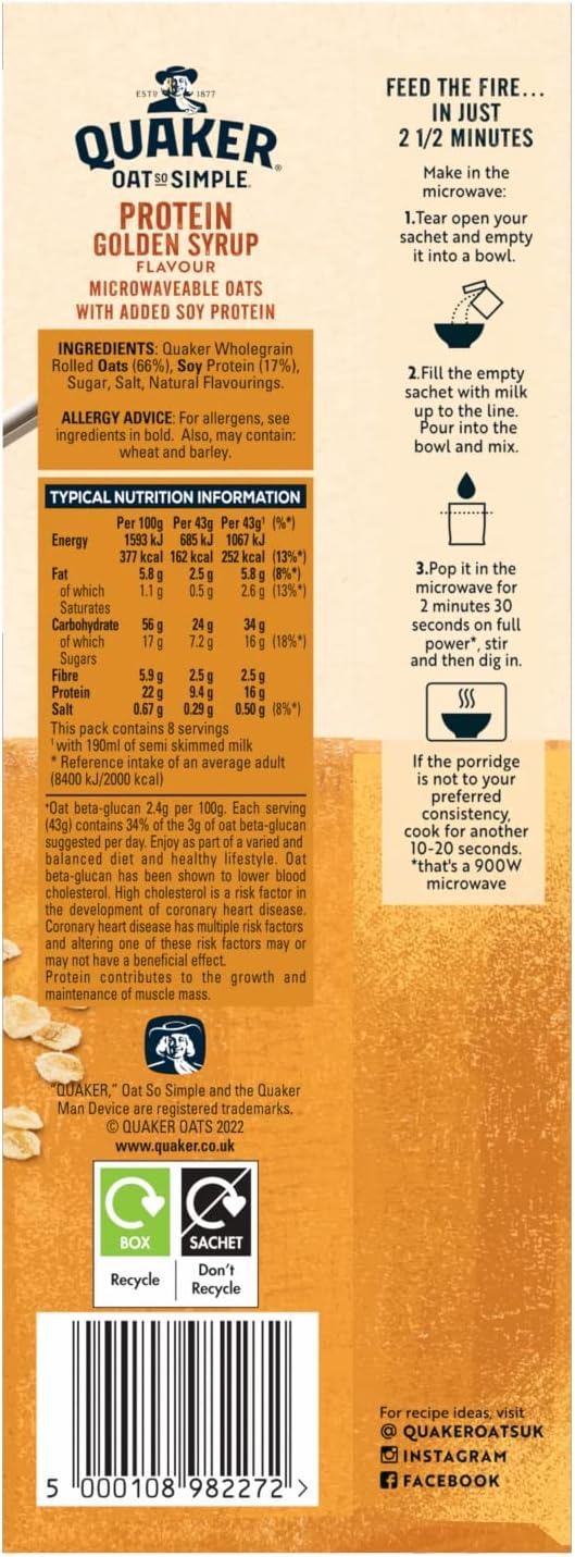 Quaker Oat So Simple Protein Golden Syrup Porridge, 8x43g 6