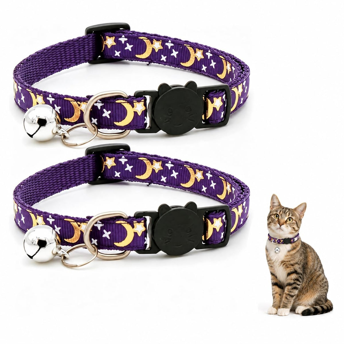 Muexoee Reflective Adjustable Cat Collar with Bell - Moon Star Print, Purple, 2 Pack