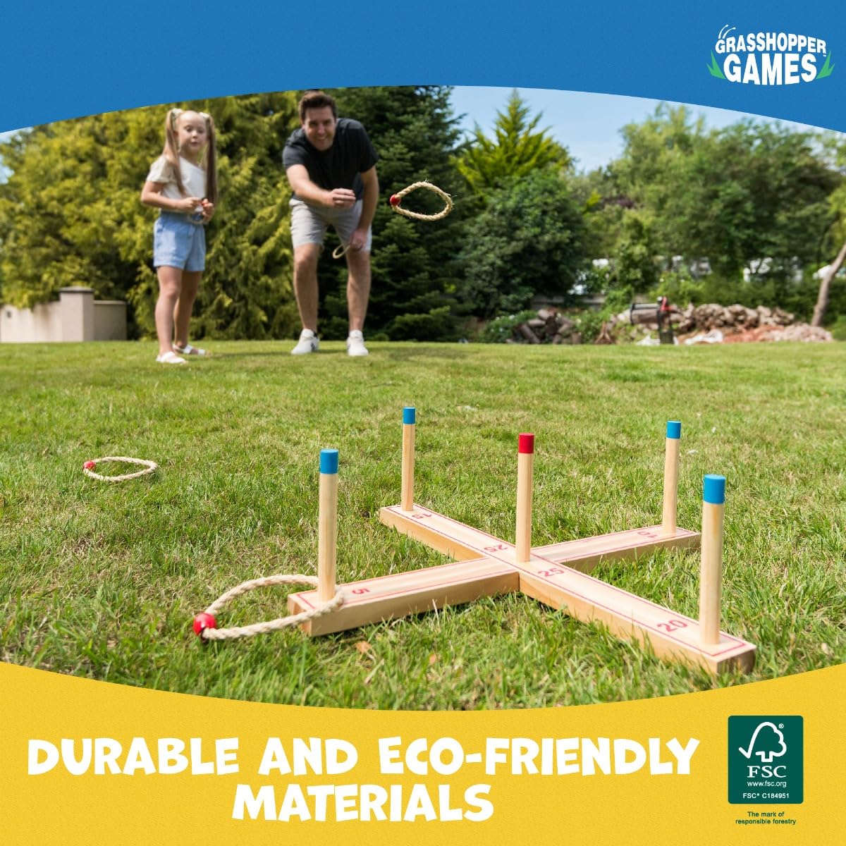 Grasshopper Games Ring Toss - Outdoor Indoor Wooden Toss Game for Kids 3+ 3