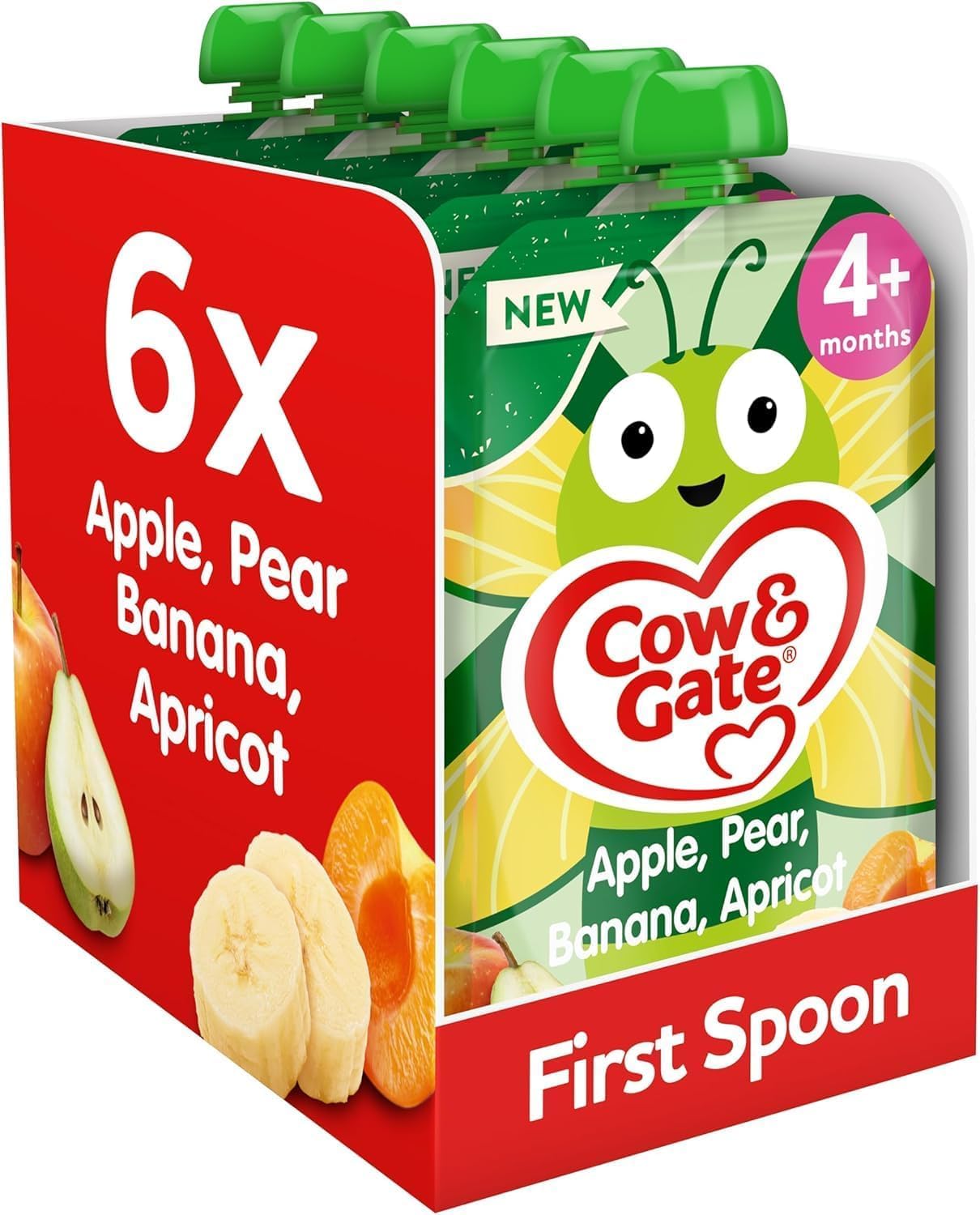 Cow & Gate Fruit Pouch Apple Pear Banana & Apricot Baby Food Snacks, 6x100G, Suitable from 4 Months