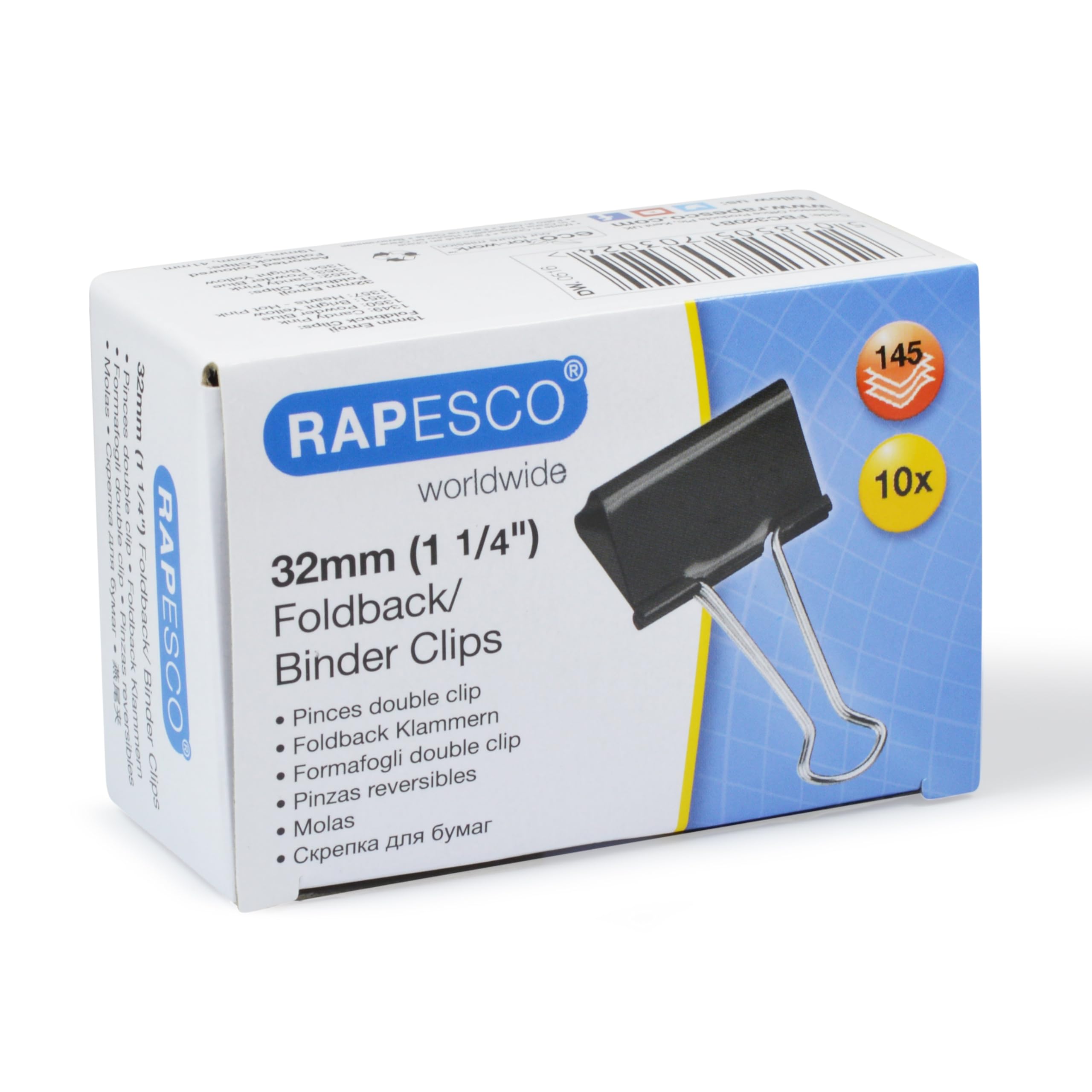 RAPESCO FBC320B1 Foldback Clips - 32mm, Black, 10 Pack | Binds 130 Sheets