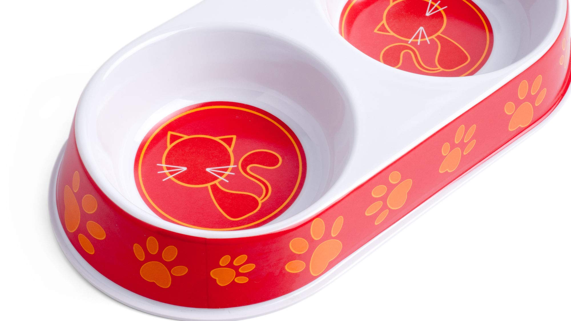 Petface Melamine Double Cat Bowl - Orange/Red Paw Print Design | Includes Placemat