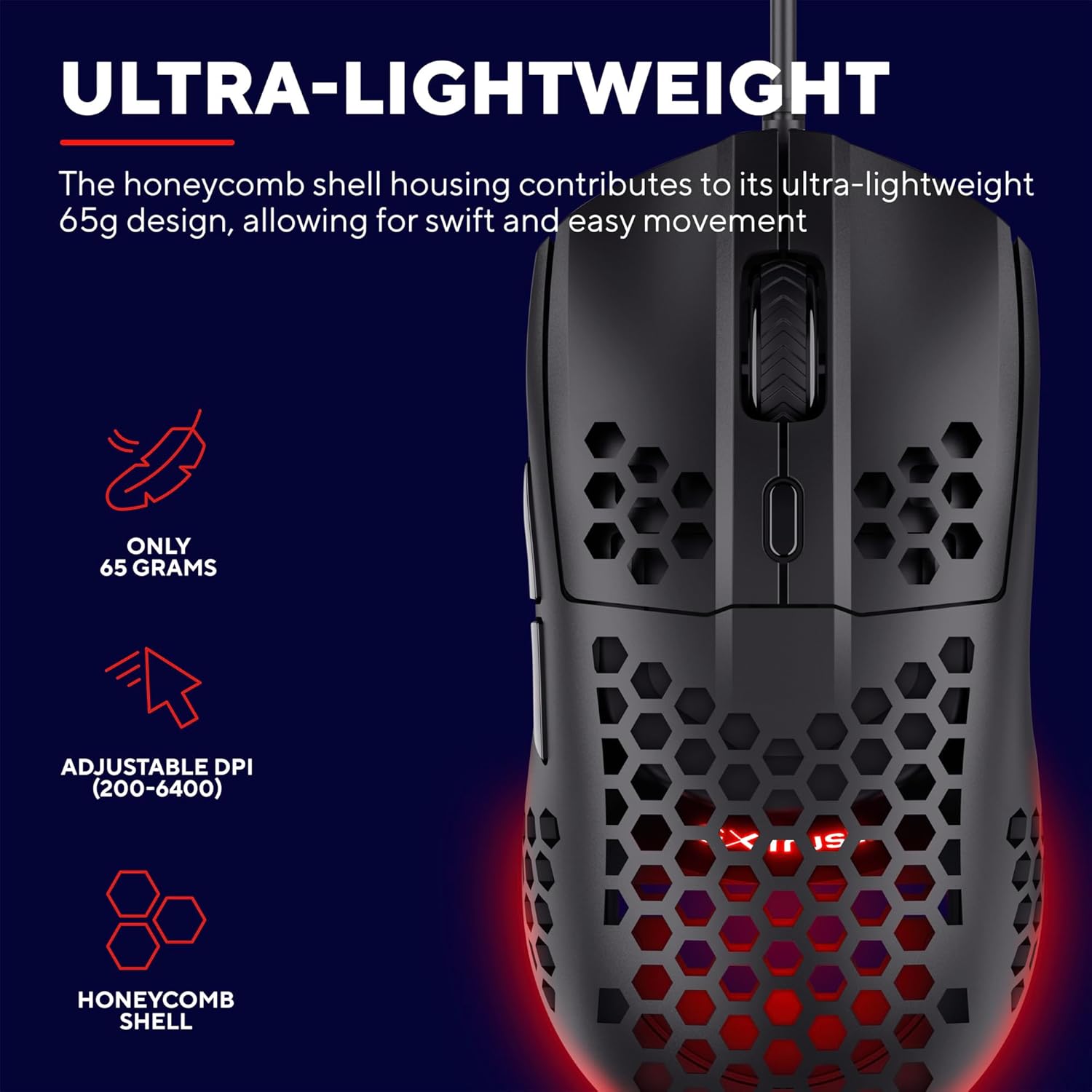 Trust Gaming GXT 928 Helox Superlight Wired Gaming Mouse 65g with RGB Lighting & Adjustable DPI 5