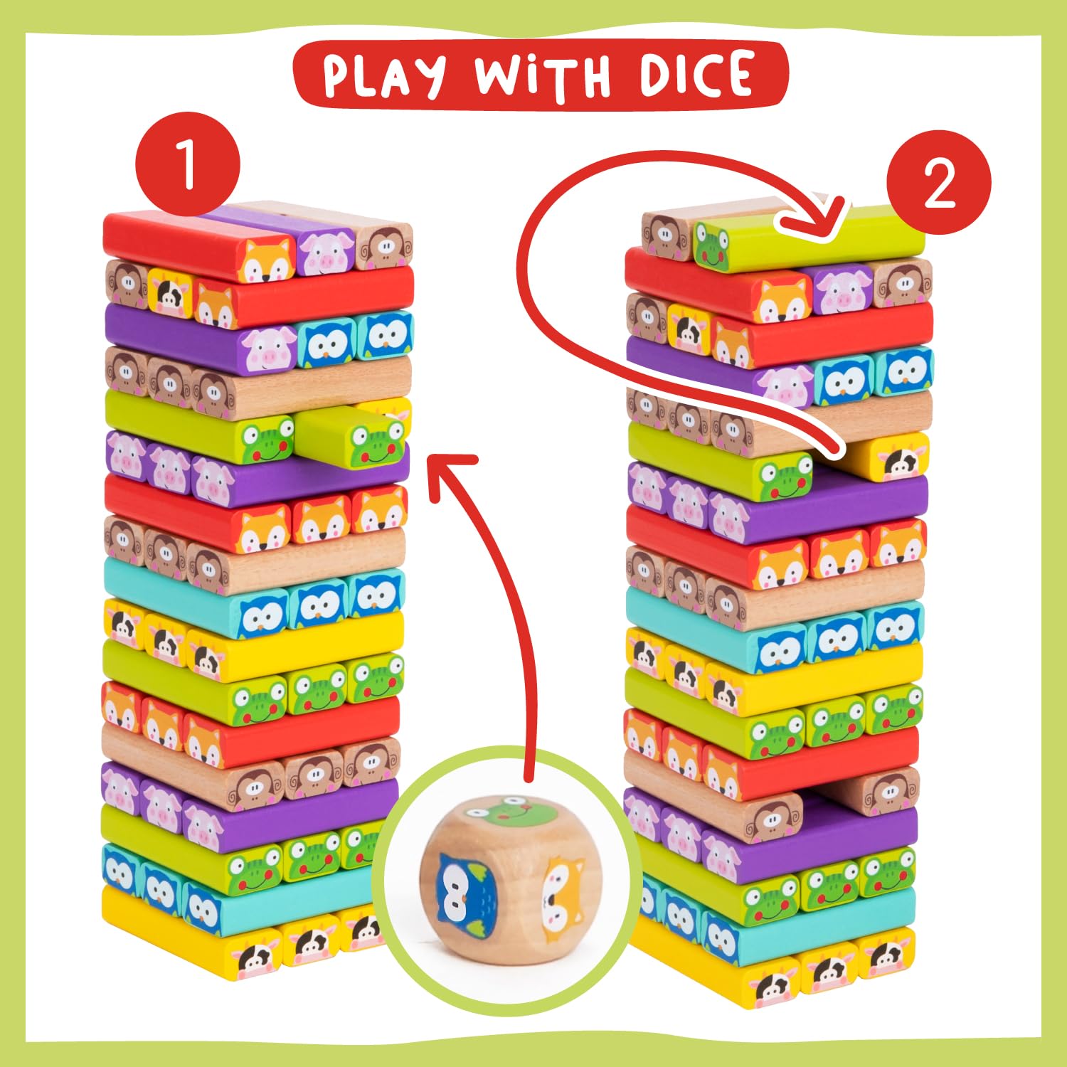 Nene Toys 4-in-1 Wooden Tumble Tower Game with Animals & Colors - Family Board Game 3