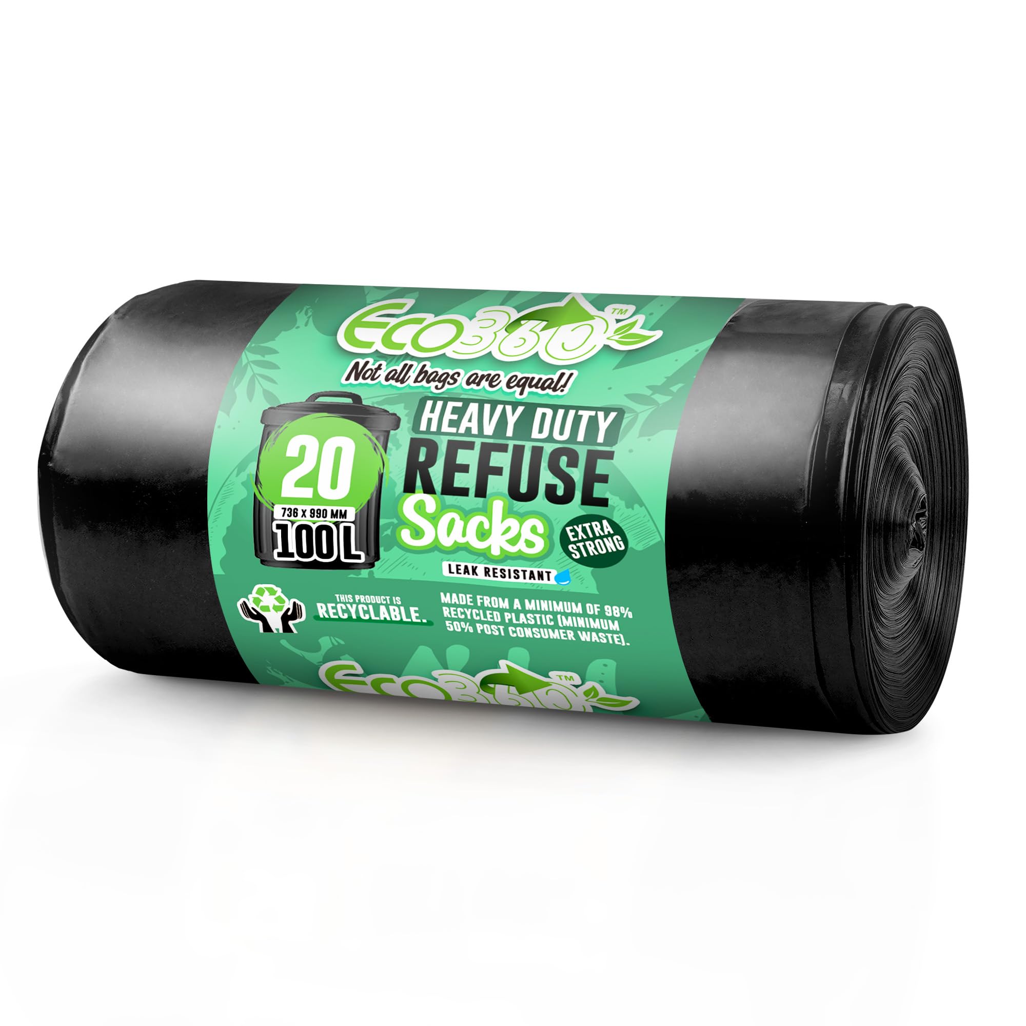 EcoBag Extra Strong Heavy Duty Refuse Sacks - 100L Capacity, 33 Microns, Black, 20 Pack