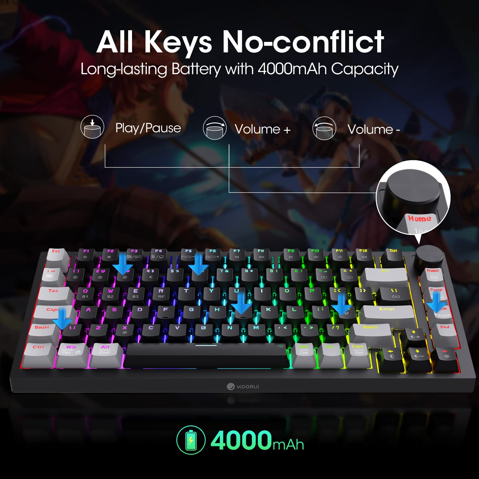 KOORUI MK082 Mechanische Gaming-Tastatur mit 82 Tasten – RGB-Hintergrundbeleuchtung, kabellos/kabelgebunden, roter Schalter 3