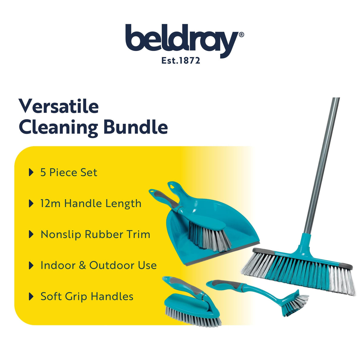 Beldray 5 Piece Cleaning Set with Broom, Dustpan & Brush, Scrub Brush & Dish Brush - Turquoise