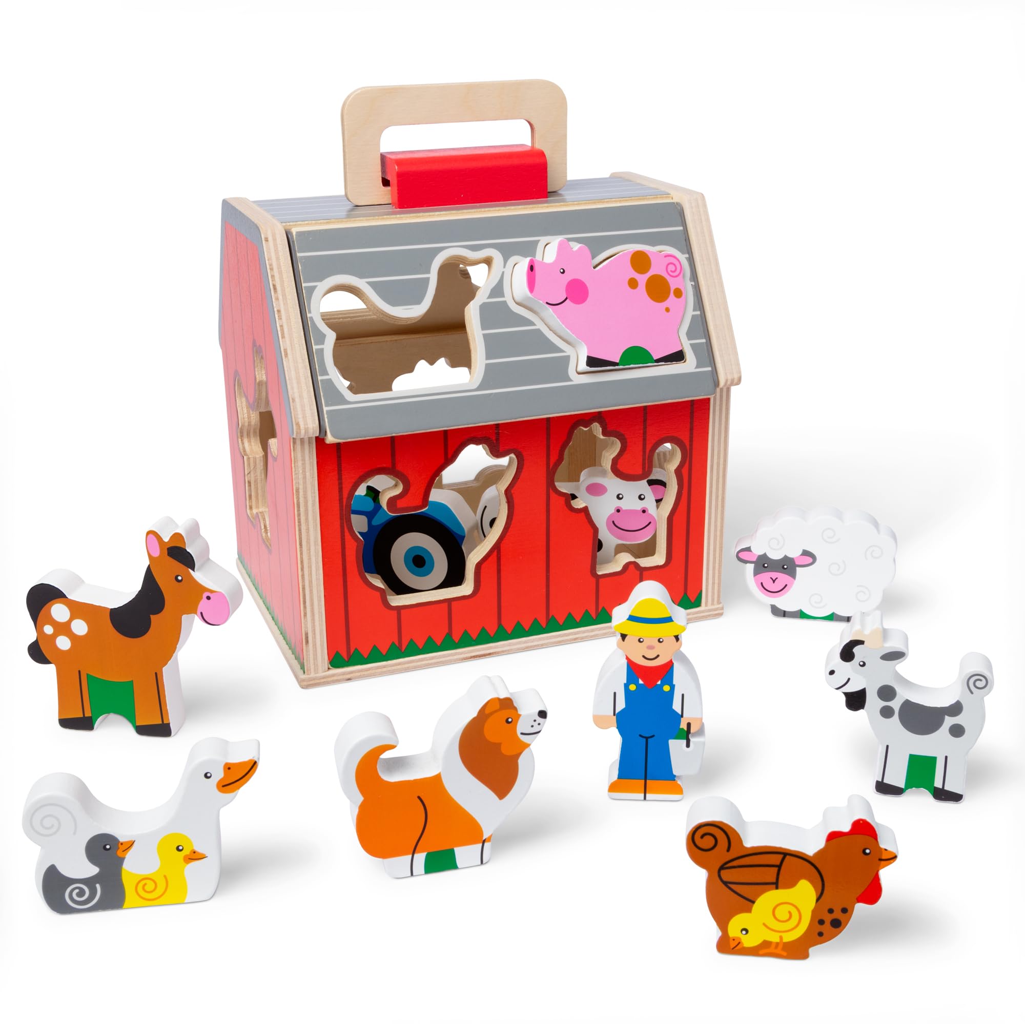 Melissa & Doug Wooden Take-Along Sorting Barn | 10 Chunky Farm Pieces | Ages 2+