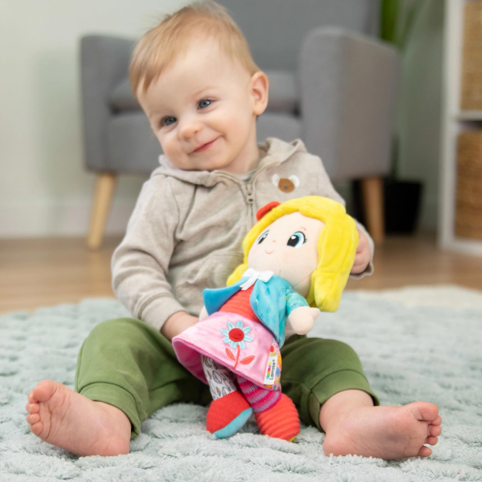 Lamaze My Friend Olivia Clip & Go Pram Toy - Soft Sensory Doll with Rattle and Crinkle Features for Babies 0-6 Months