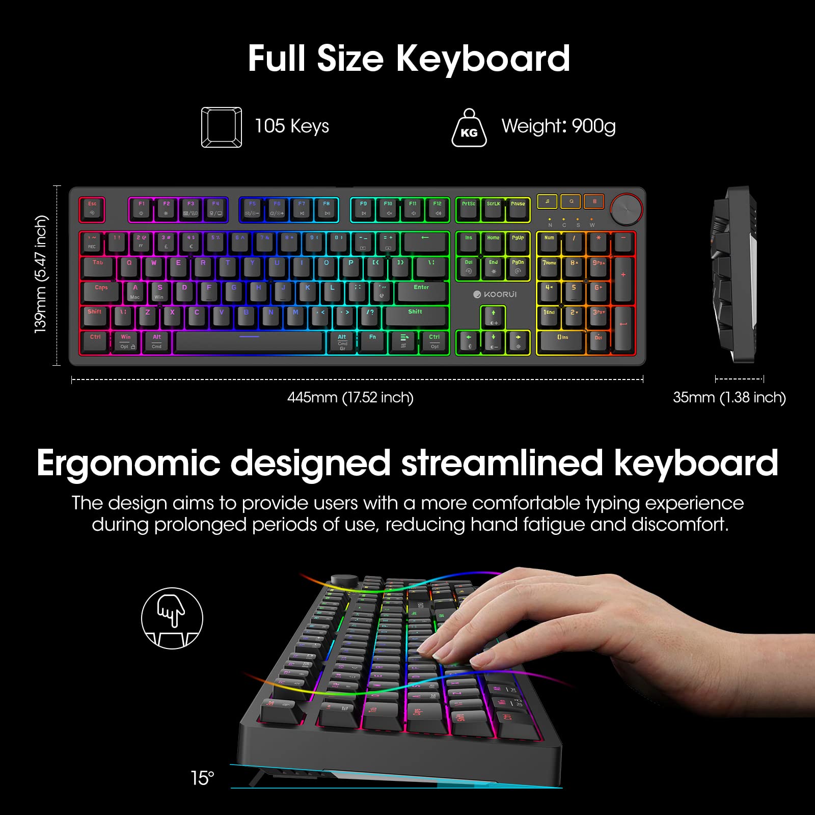 KOORUI MK104-RED Mechanische Gaming-Tastatur – 104 Tasten, 26 RGB-Hintergrundbeleuchtungseffekte, steckbare Schalter, Anti-Ghosting, kabelgebunden für PC und Mac 3