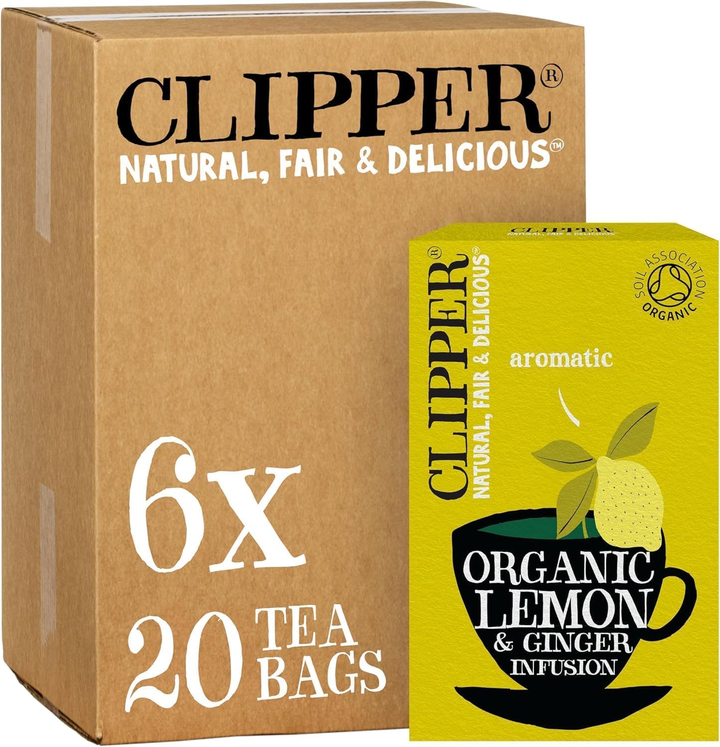 Clipper Natural, Fair & Delicious Organic Lemon & Ginger Herbal Tea Bags - 120 Count (6x20) | Caffeine Free