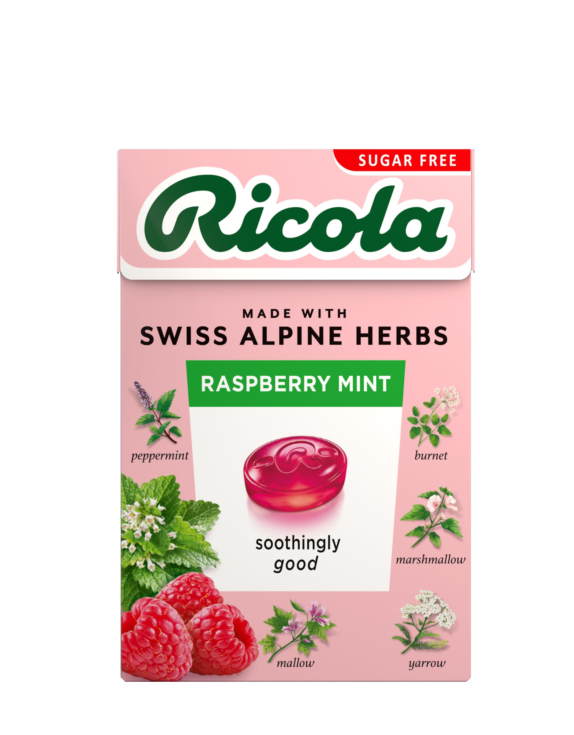 Ricola Raspberry Mint Sugar Free Herbal Sweets, 10-Pack Box (45g Each), Sweetened with Stevia, Vegan & Kosher