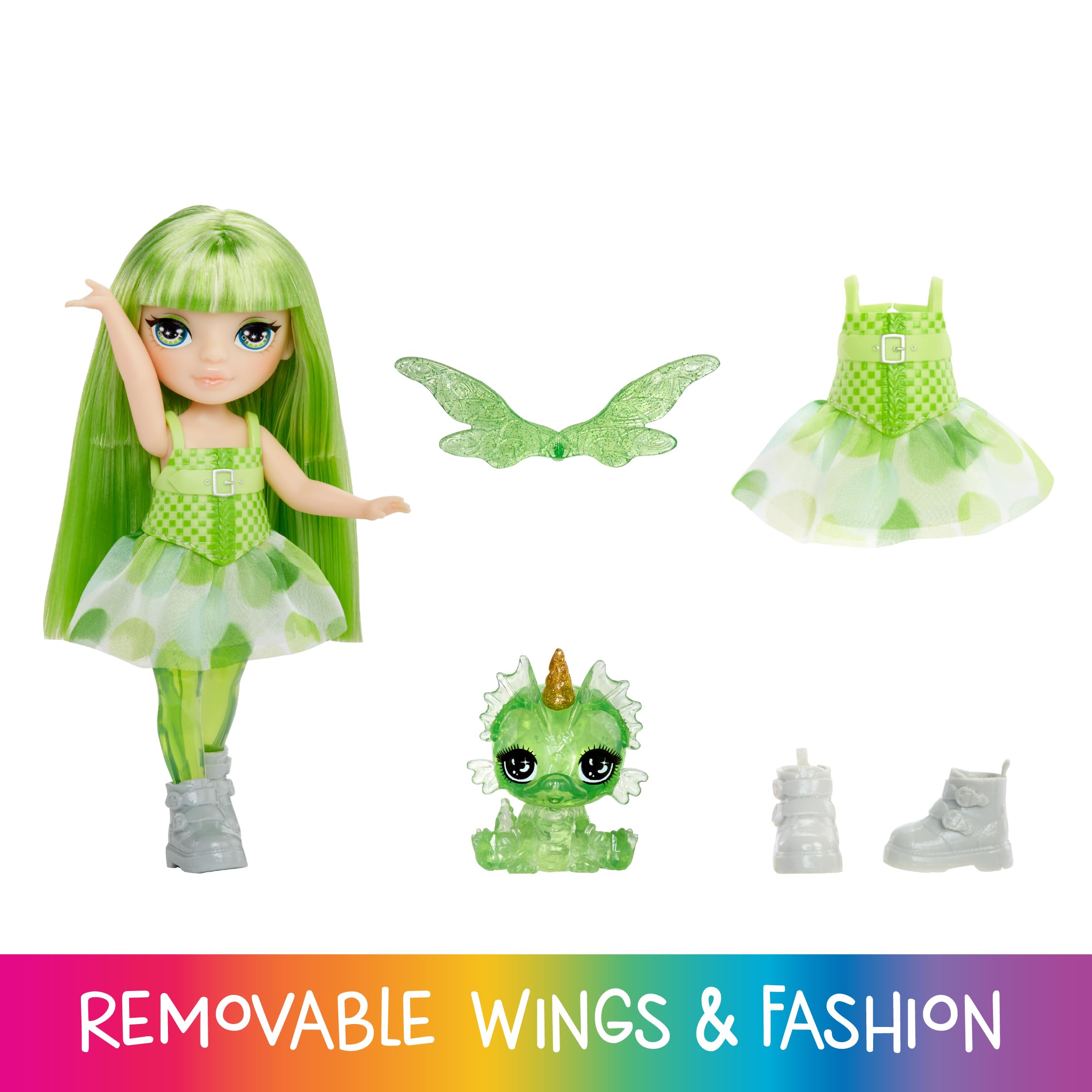 Rainbow High Littles Rainbow Fantasy Fairies & Pet - Emerald Green 14cm Posable Doll with Interchangeable Fairy Wings, Magical Dragon Pet - Ages 3+ 4