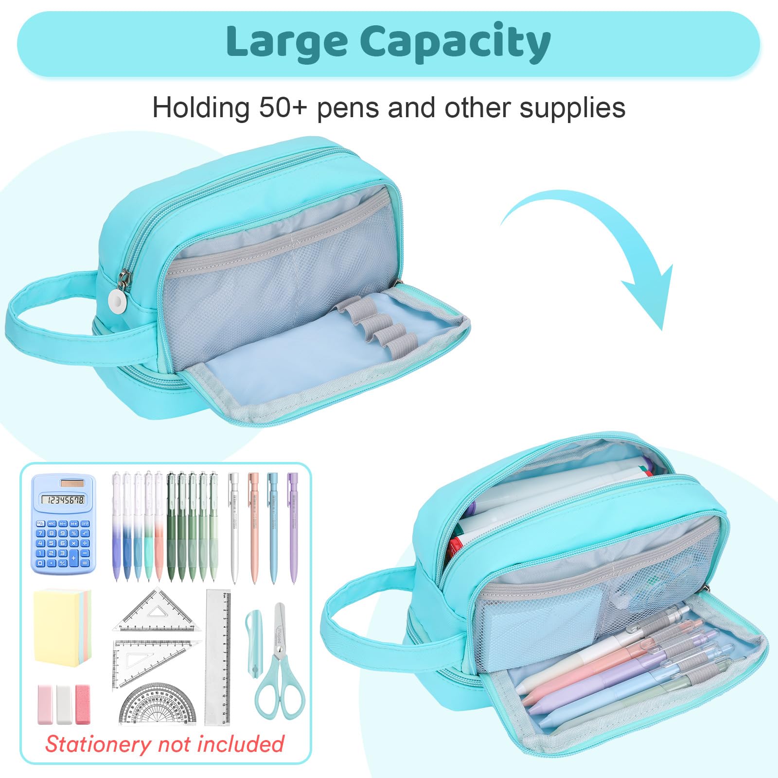 Alyvisun Large Capacity Pencil Case - 3 Compartments, Blue Canvas, Zipper Closure | Handle Strap