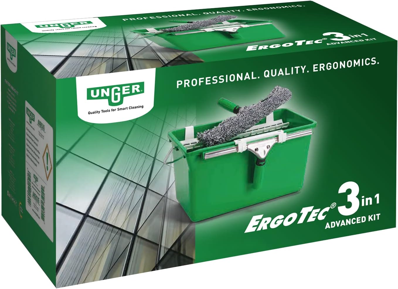 Unger AK013 Fensterreinigungsset 3-in-1 Starterset mit Abzieher, Mikrofaserwascher &amp; Eimer 3