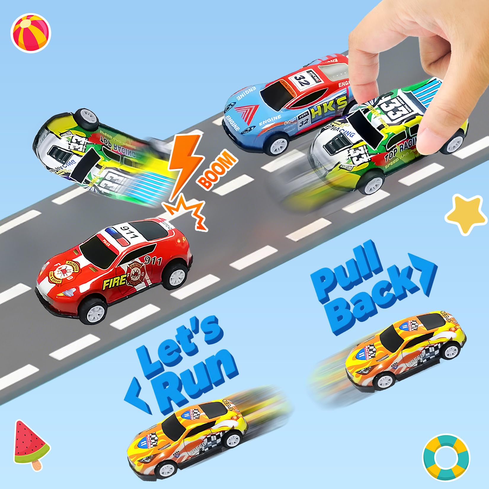 TOYABI Metal Pull Back Race Car Set - 22Pcs Mini Cars with 8 Roadblocks for Kids 3+