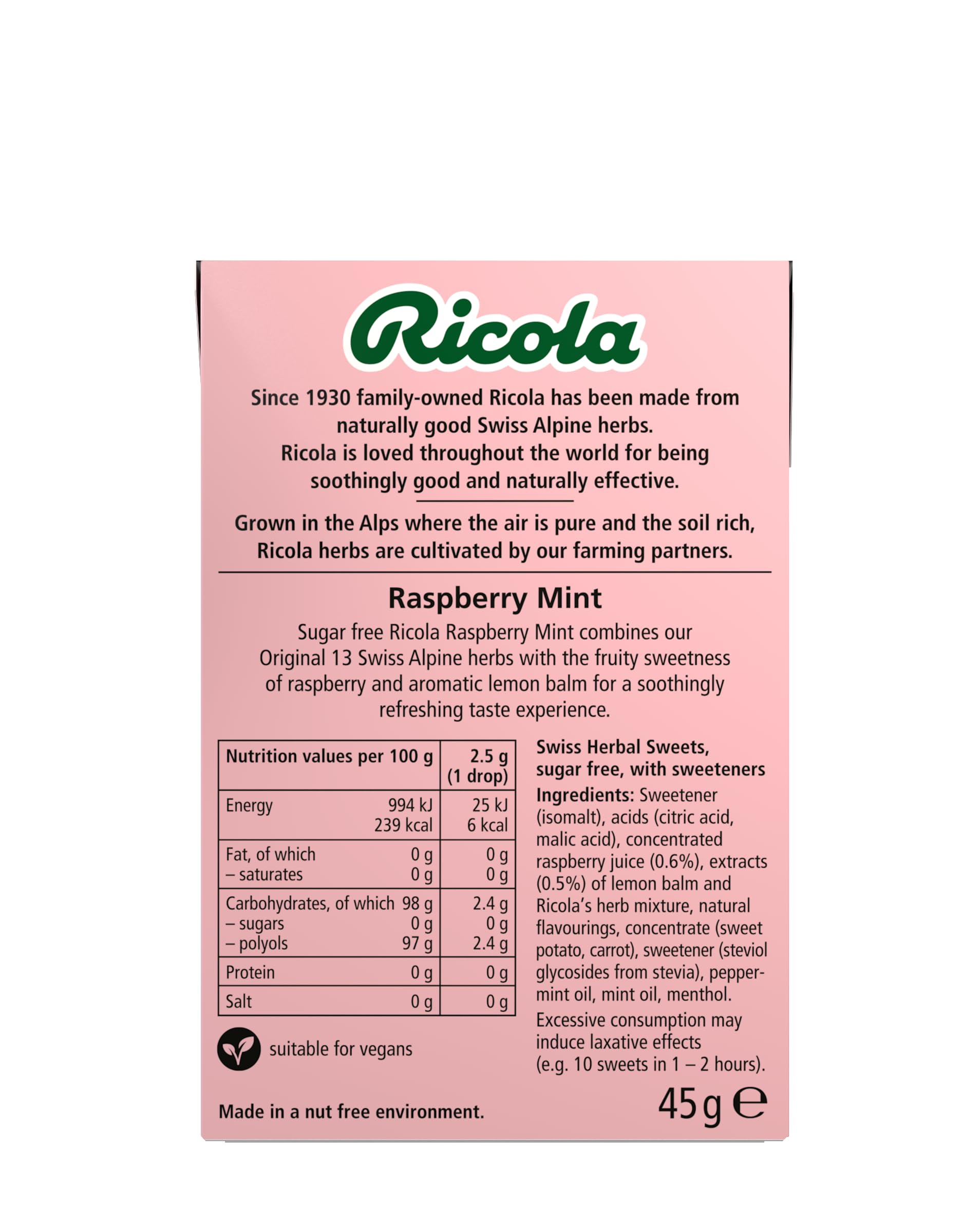 Ricola Raspberry Mint Sugar Free Herbal Sweets, 10-Pack Box (45g Each), Sweetened with Stevia, Vegan & Kosher 4