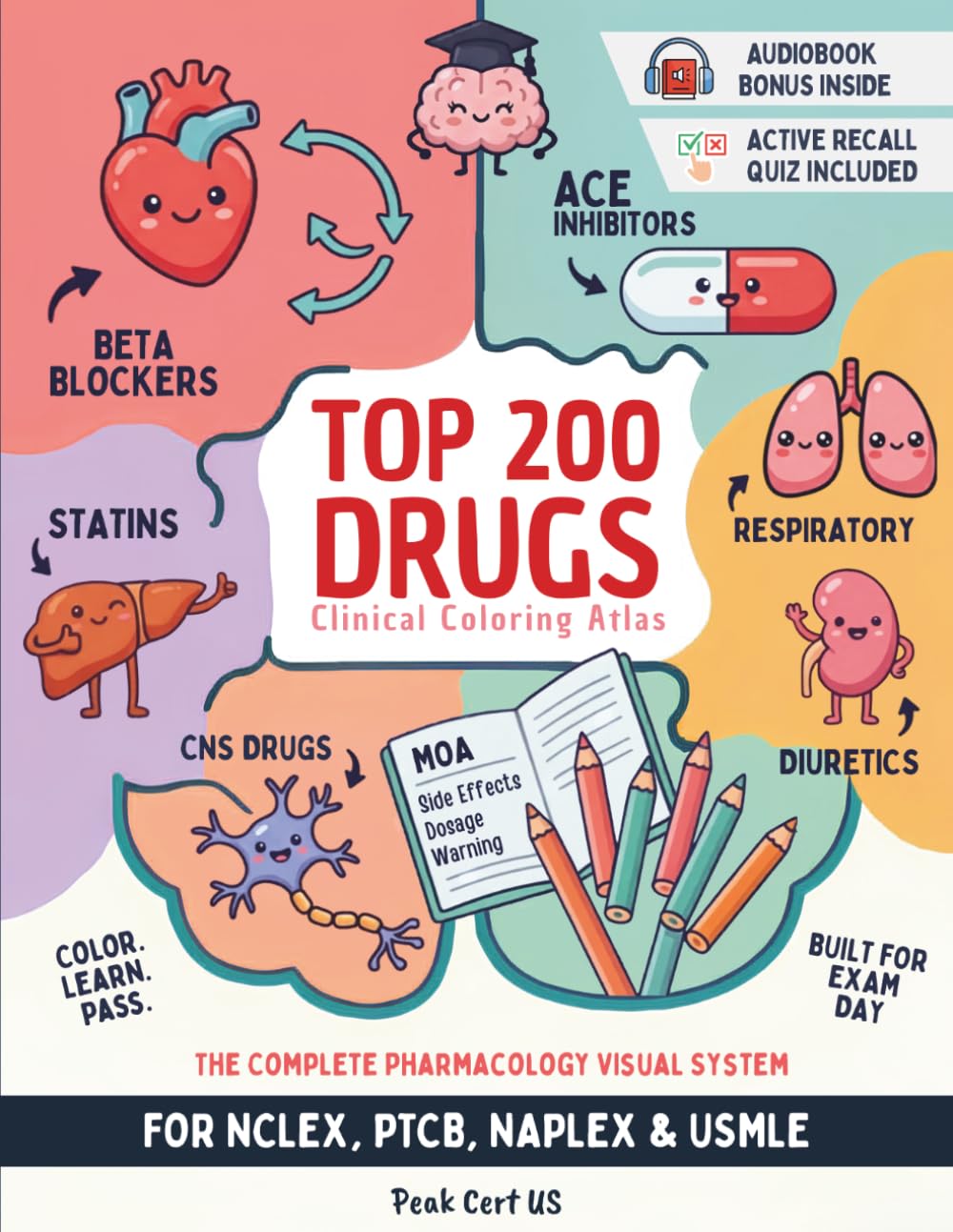 PeakCert US - Top 200 Drugs Clinical Coloring Atlas | Mastering Pharmacology with MOA Visuals 1