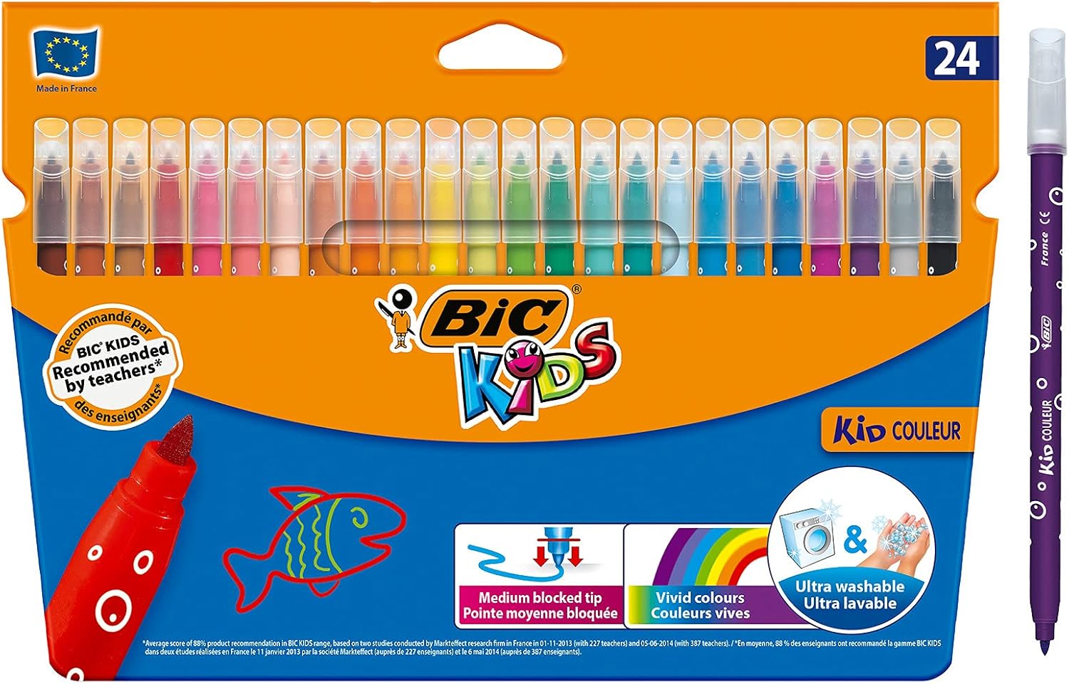 BIC Kids Kid Couleur Felt Tip Pens - 24 Assorted Colors, Washable, Medium Nib, Cardboard Wallet