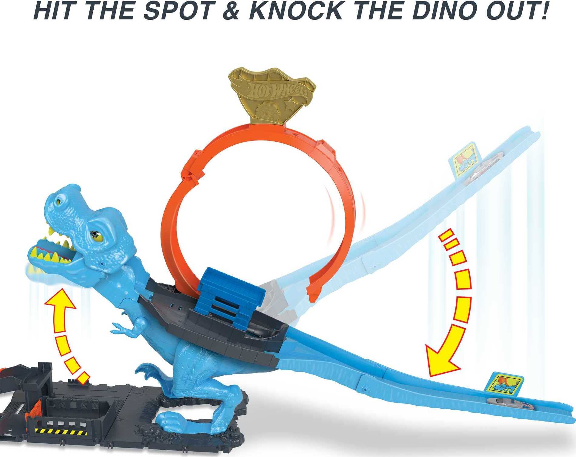 Hot Wheels City T-Rex Chomp Down Racetrack Playset - Stunt Loop with Slam Launcher & Knock-Down Dinosaur, Includes 1:64 Scale Car 3