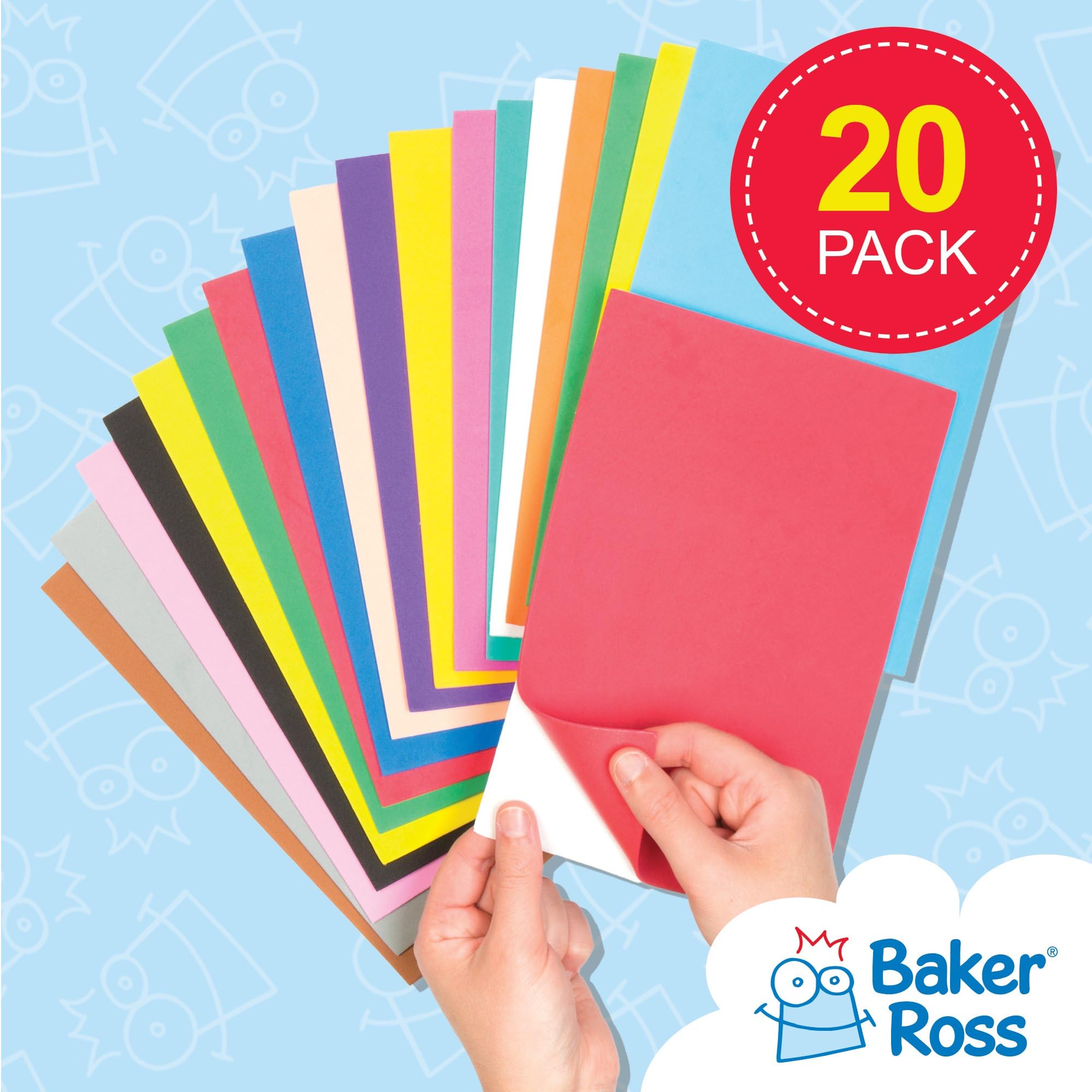 Baker Ross Self-Adhesive Colored Foam Sheets EV4062 | 20 Assorted Colors | 22cm x 15cm