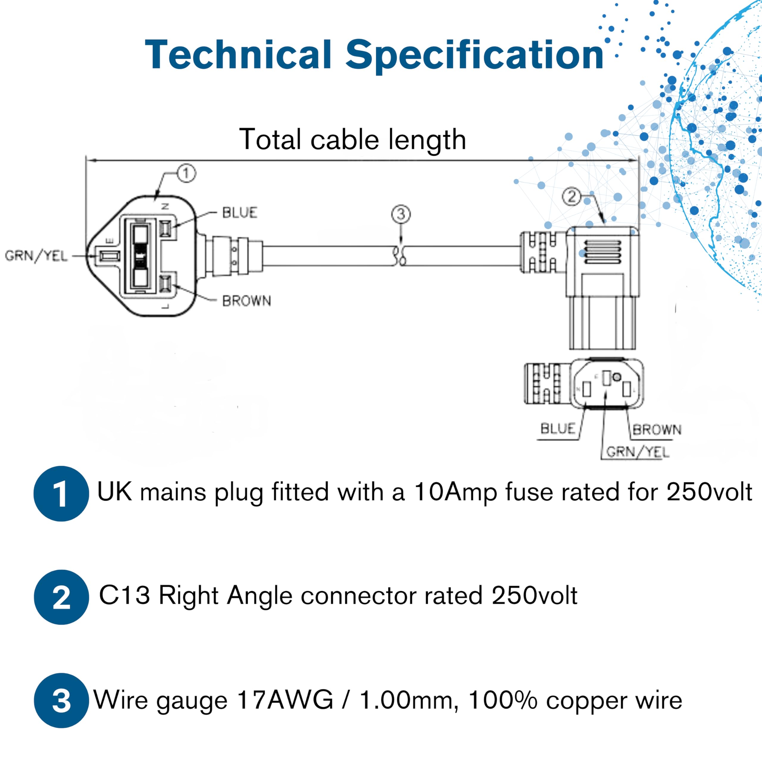 C2G 2 Metre 16 AWG Right Angle Power Cable (IEC320C13R to BS1363) - Heavy Duty Kettle Lead 11