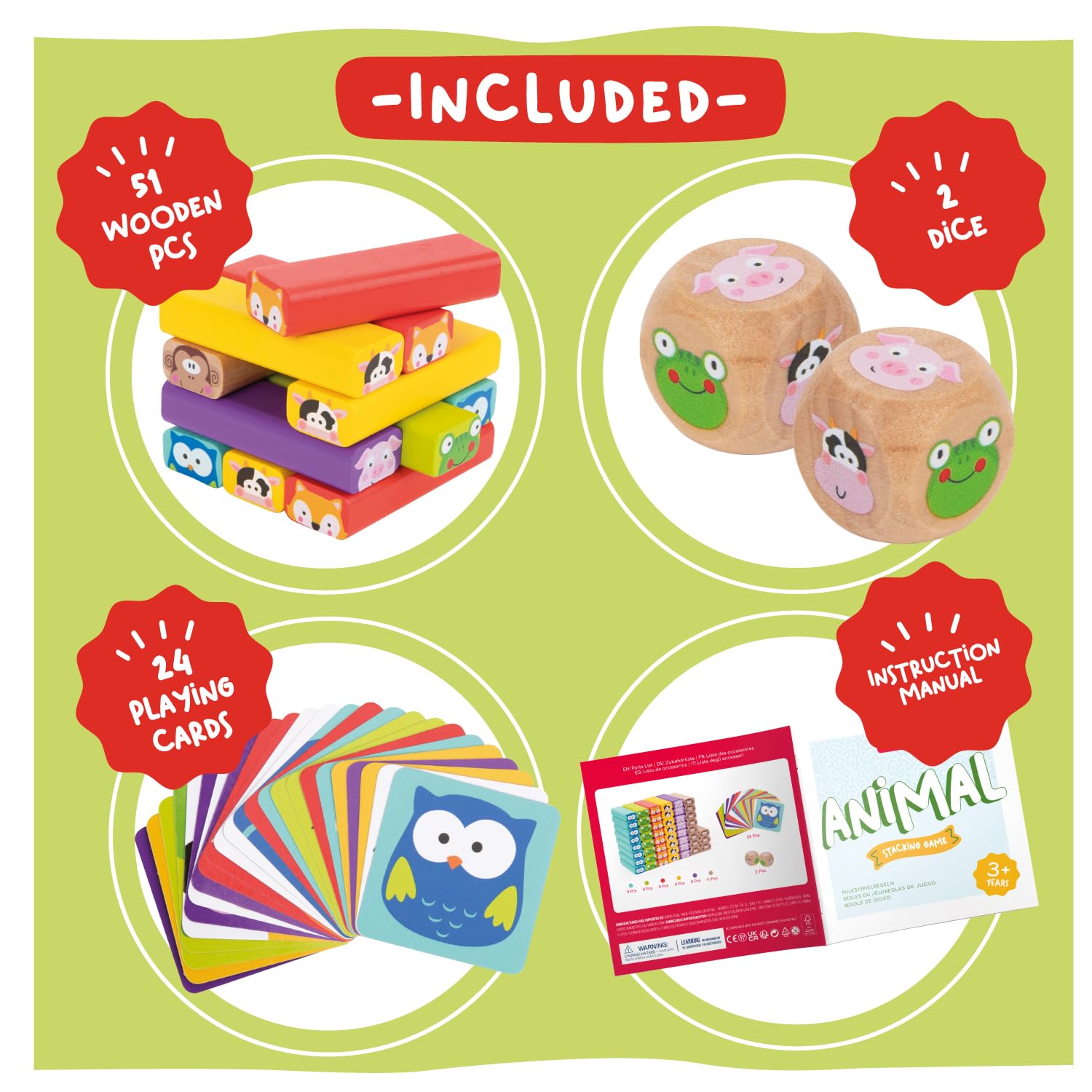 Nene Toys 4-in-1 Wooden Tumble Tower Game with Animals & Colors - Family Board Game 4