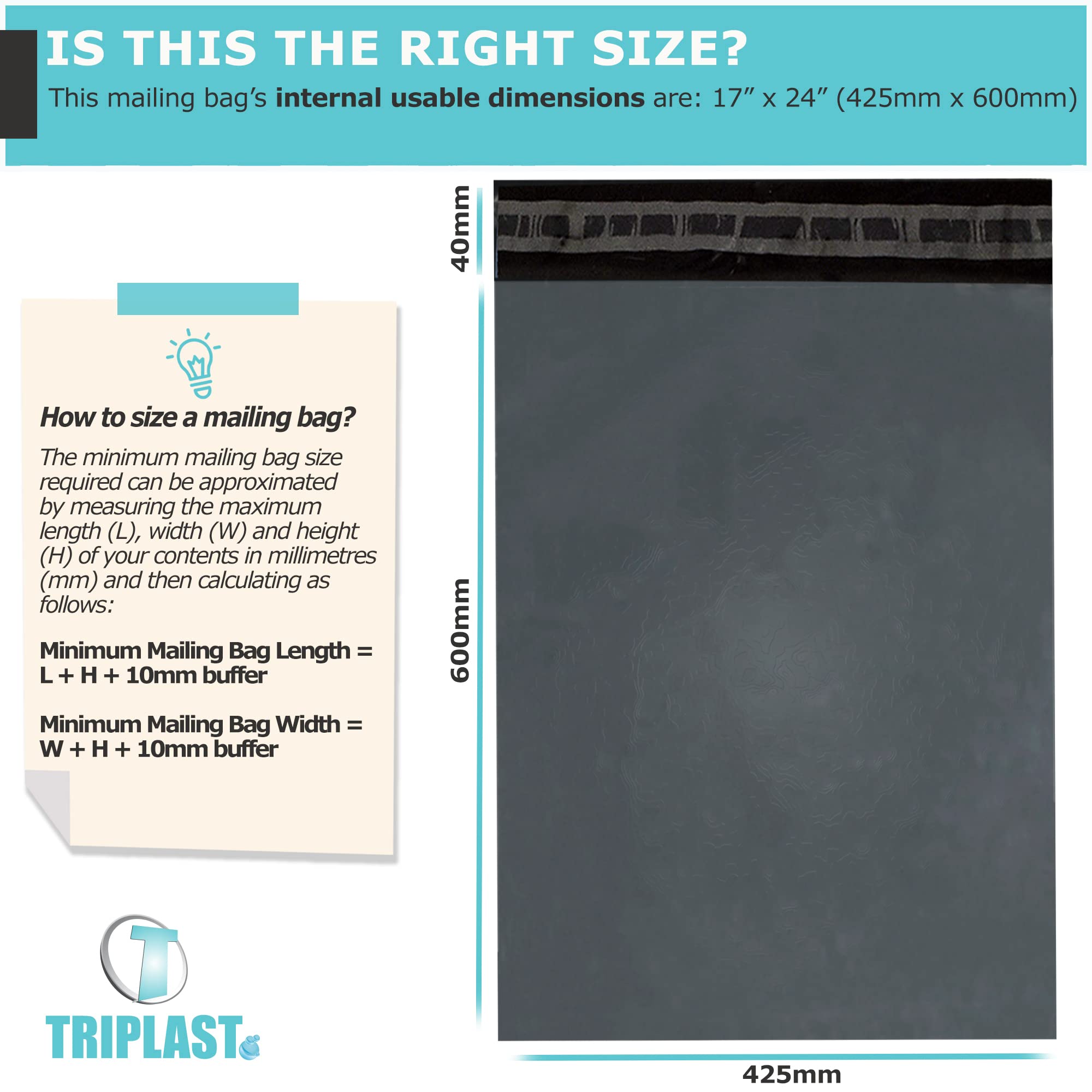 Triplast Grey Parcel Postage Mailing Bags - 17 x 24" (425x600mm) | 55mu LDPE | Pack of 50